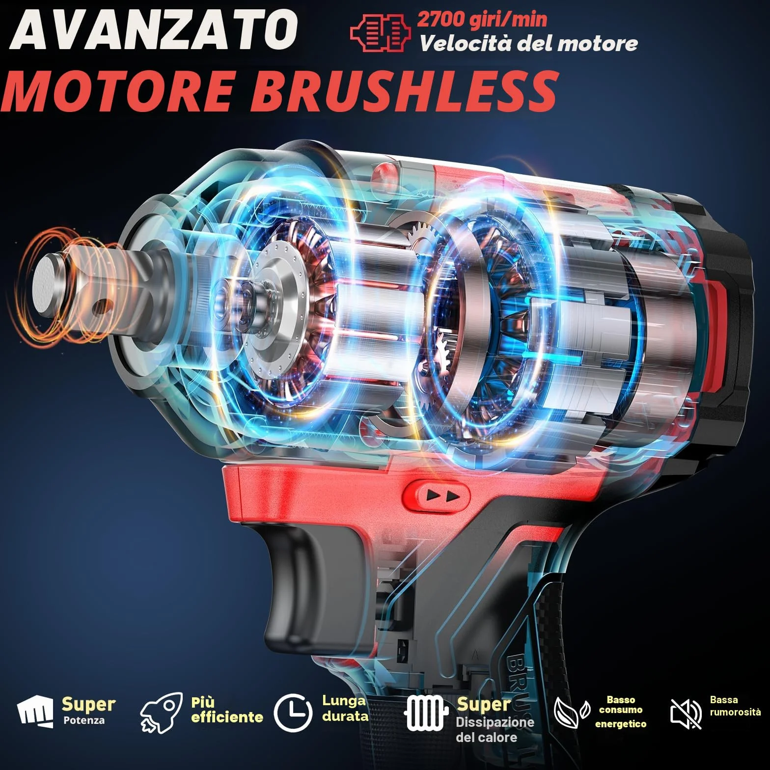 Avvitatore a Impulsi Brushless 1/2" 700N.m Elevata Avvitatori a Massa Battente con 2x 4000mAh Batteria, 5 Bussole, 4 Punte, 4 Viti, Trapano a Impulsi Brushless per Auto Casa