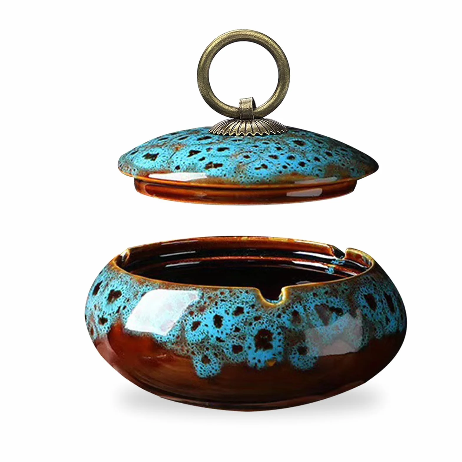 Posacenere da Tavolo Ceramica con Coperchio Antivento Design Retrò (Blu)