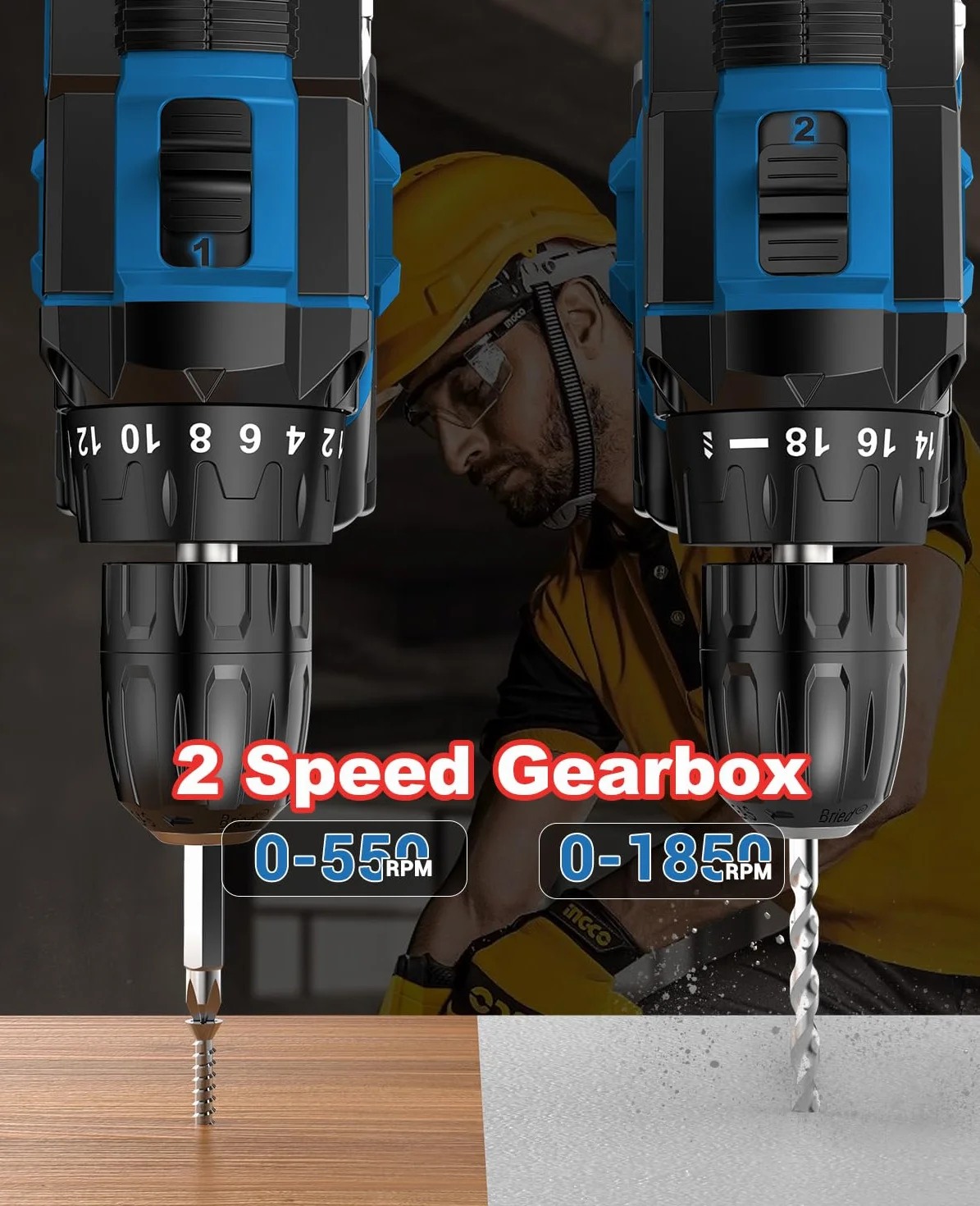 Trapano Avvitatore Batteria 21V, Avvitatore a Batteria con Batterie da 2.0Ah, 42N.m di Coppia, 2 Velocità, 18+1 Coppia, 22 Accessori, Luce a LED, Per il fai da te, in Casa e Giardino, Blu
