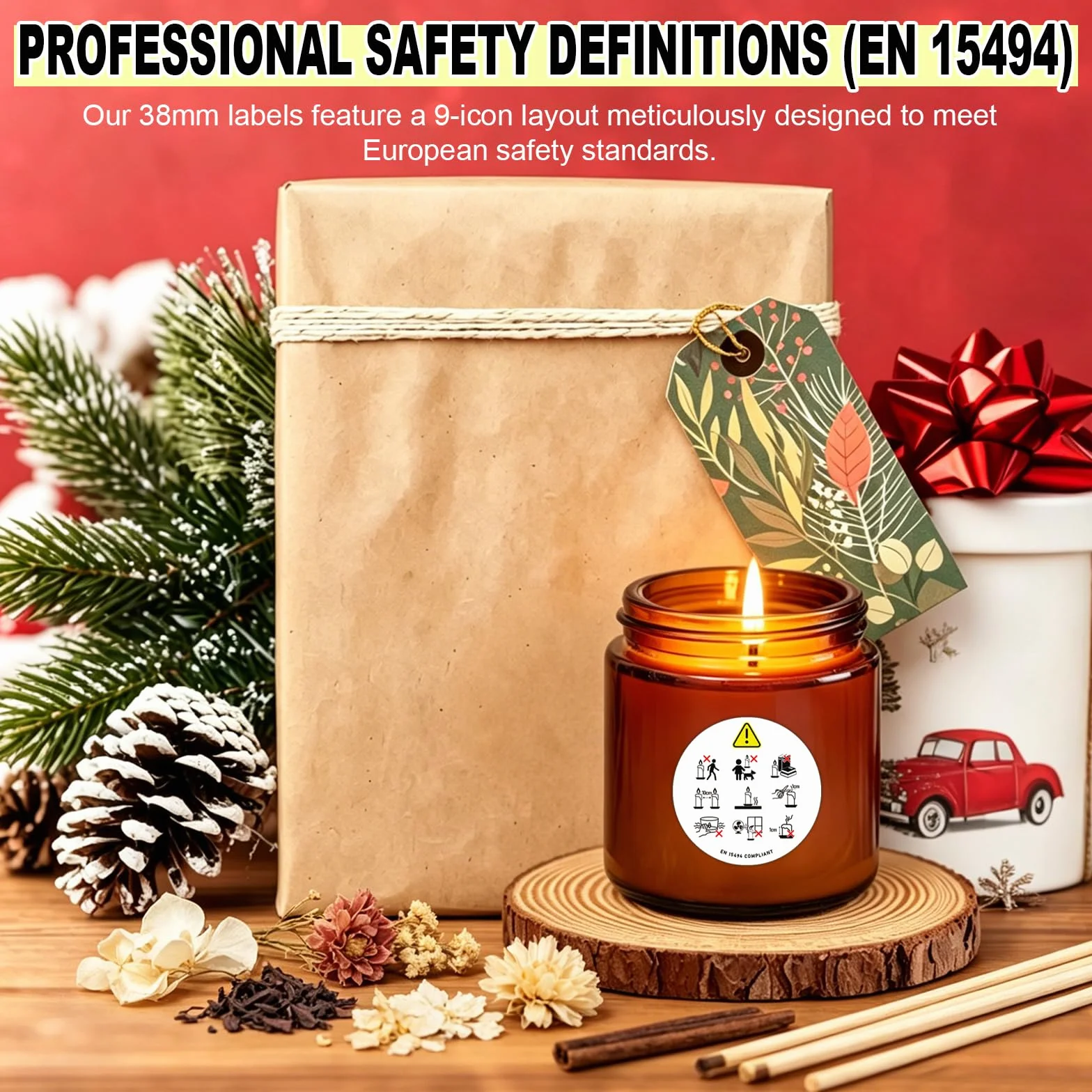 300 Pezzi Adesivi di Avvertenza per Candele (38mm) | Icone di Sicurezza Standardizzate EN 15494 | Etichette Professionali non Verbali per Produttori di Candele | PET Resistente al Calore