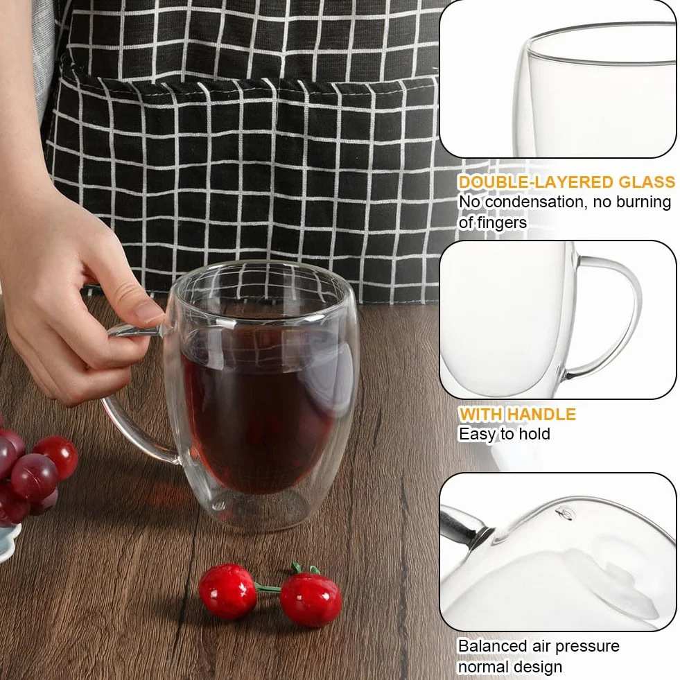 Vicloon Tazza Caffè Doppio Vetro Borosilicato 350 ml, Bicchieri Espresso Doppia Parete con Manico per Caffè, Tè, Latte