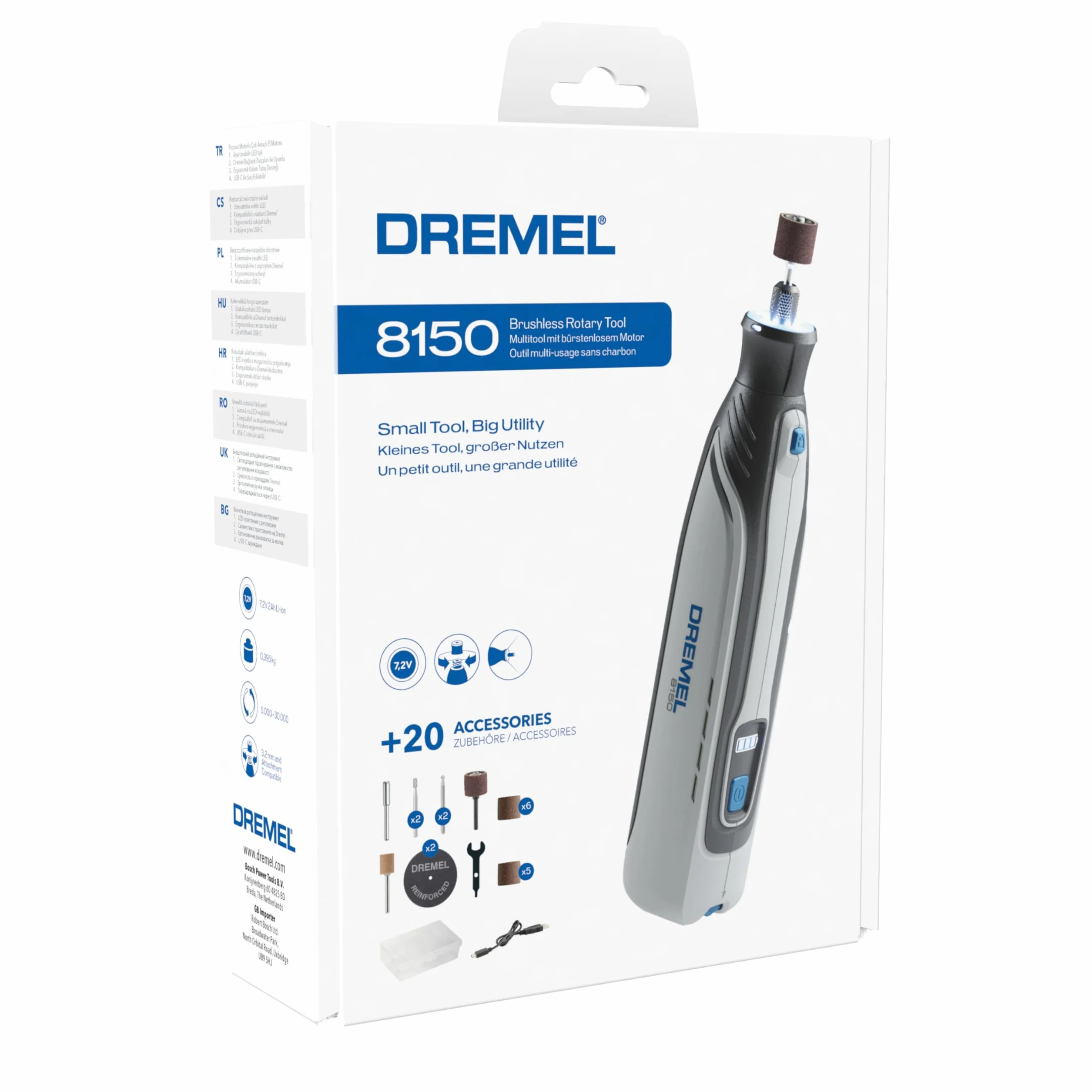 Dremel 8150 Kit utensile rotativo brushless a batteria 7,2 V 2Ah USB-C, 20 accessori, velocità variabile 5.000-30.000 giri/min