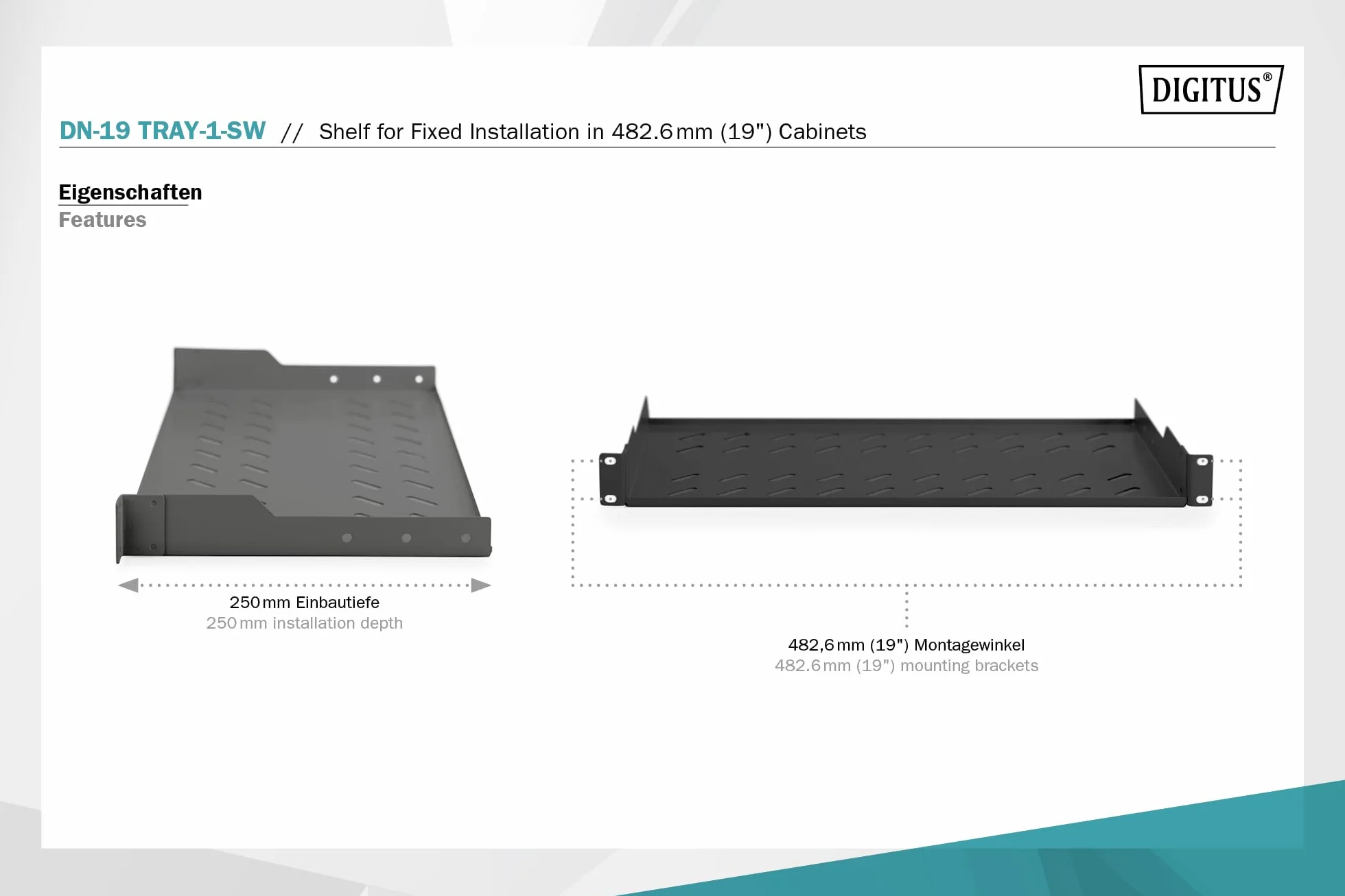 DIGITUS DN-19 TRAY-1-SW, Scaffale per installazione fissa in armadi da 19 pollici, capacità di carico 15 kg, a partire da 450 mm di profondità dell'armadio, 1U, nero