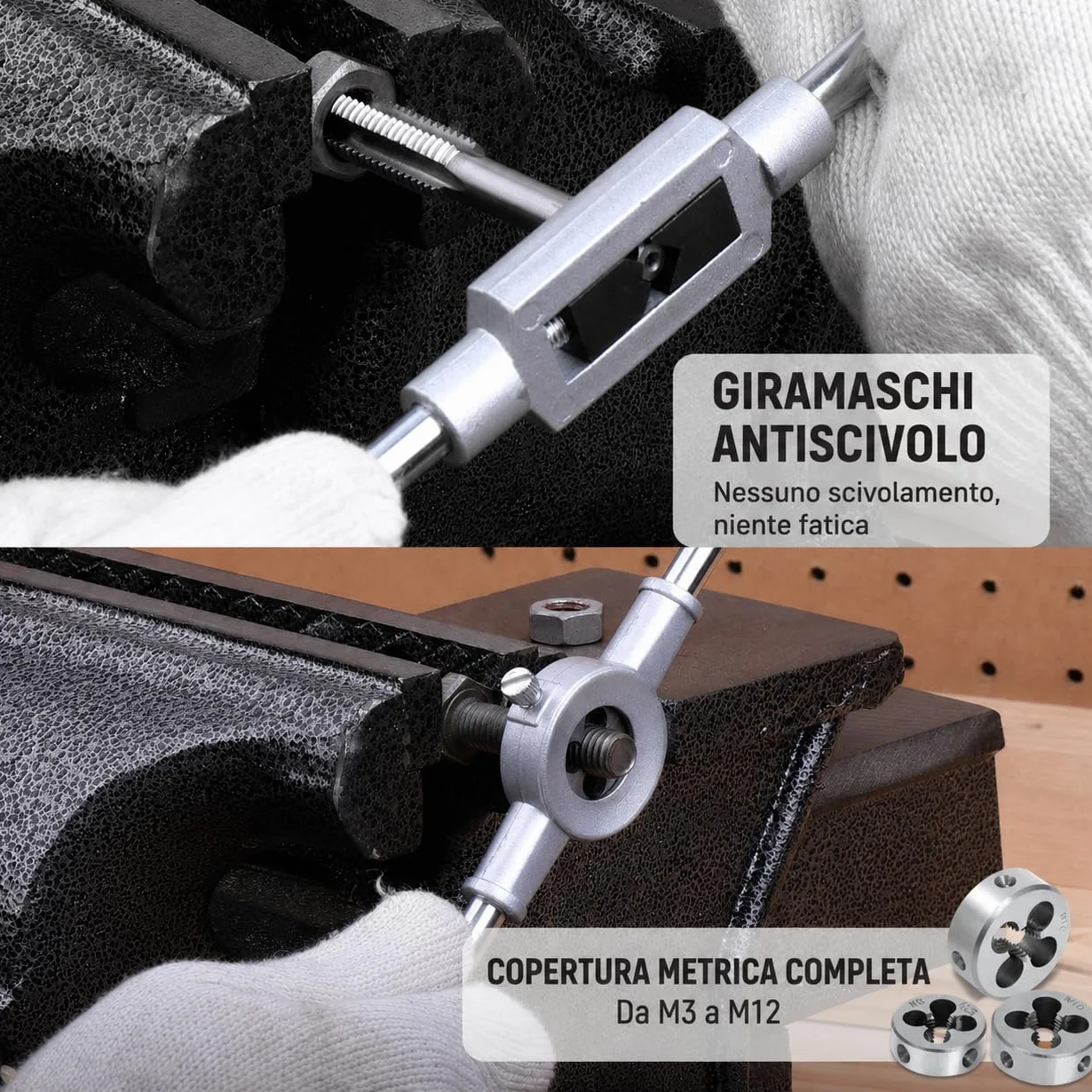Hi-Spec Set Maschi e Filiere Metriche 20 Pezzi. Completo da M3 a M12 con Filetti Fini e Grossi per Taglio e Ripristino, con Giramaschi in Valigetta Compatta