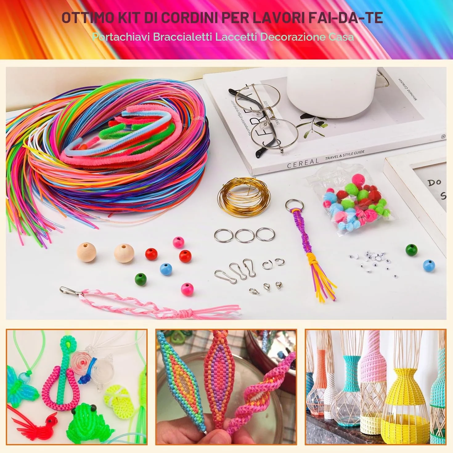 295 Pezzi Kit di Fili per Scooby Doo, Scooby Doo Fili 20 Colori Scubidu Brillantini con portachiavi, ganci, perline di legno, pom poms, filo e pulitore per pipa per Creare Braccialetti, Collane