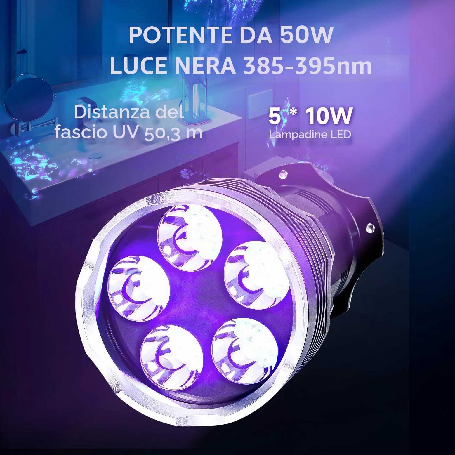UltraFire Torcia UV 395nm, Luce Ultravioletta ad Alta Potenza da 50W, Lampada UV Portatile a Lungo Raggio per Ricerca di Ambra, Rocce, Caccia agli Scorpioni, Indurimento Resina, Rilevamento Perdite
