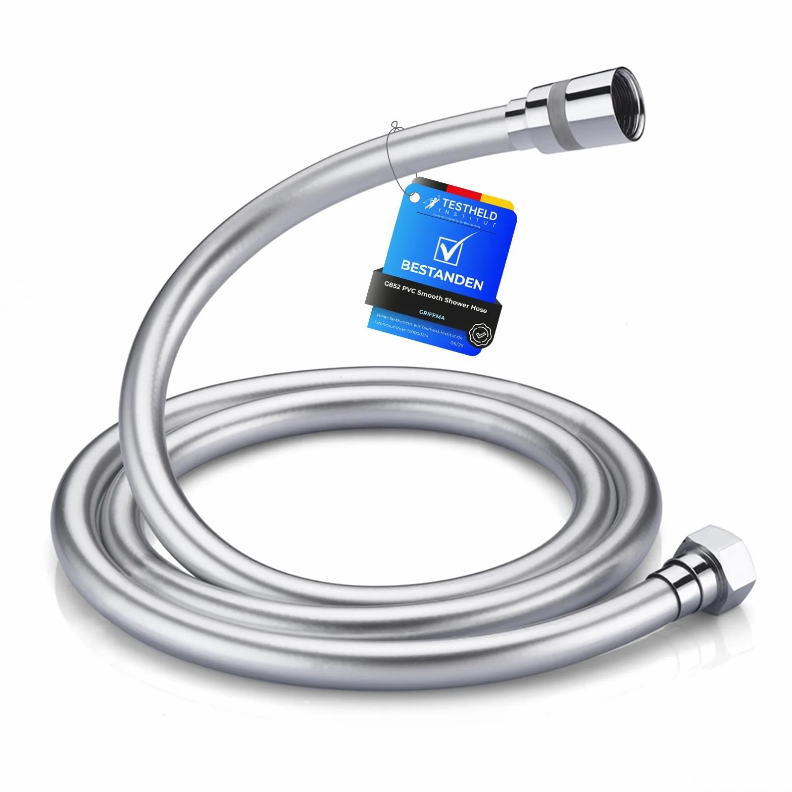 GRIFEMA COMPLENTO-G852 Flessibile Doccia in PVC (G1/2 pollici, 150 CM), Tubo Doccia da Anti Torsione, Bianca/Cromo