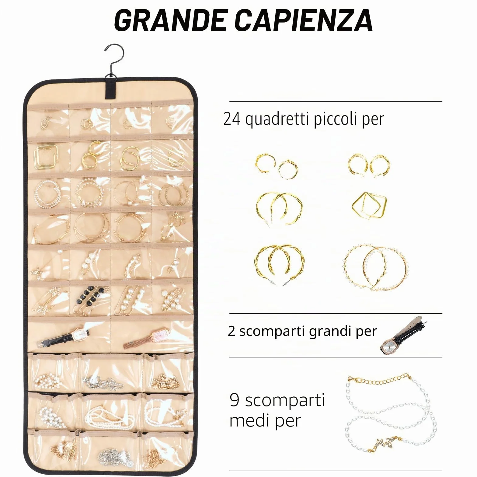 Oudizz Hanging Jewelry Organizer per Armadio - Collana Earring Holder con Coperchio Antipolvere e Gancio Rotante in Metallo - Jewelry Storage Display Stand, Grande, Nero