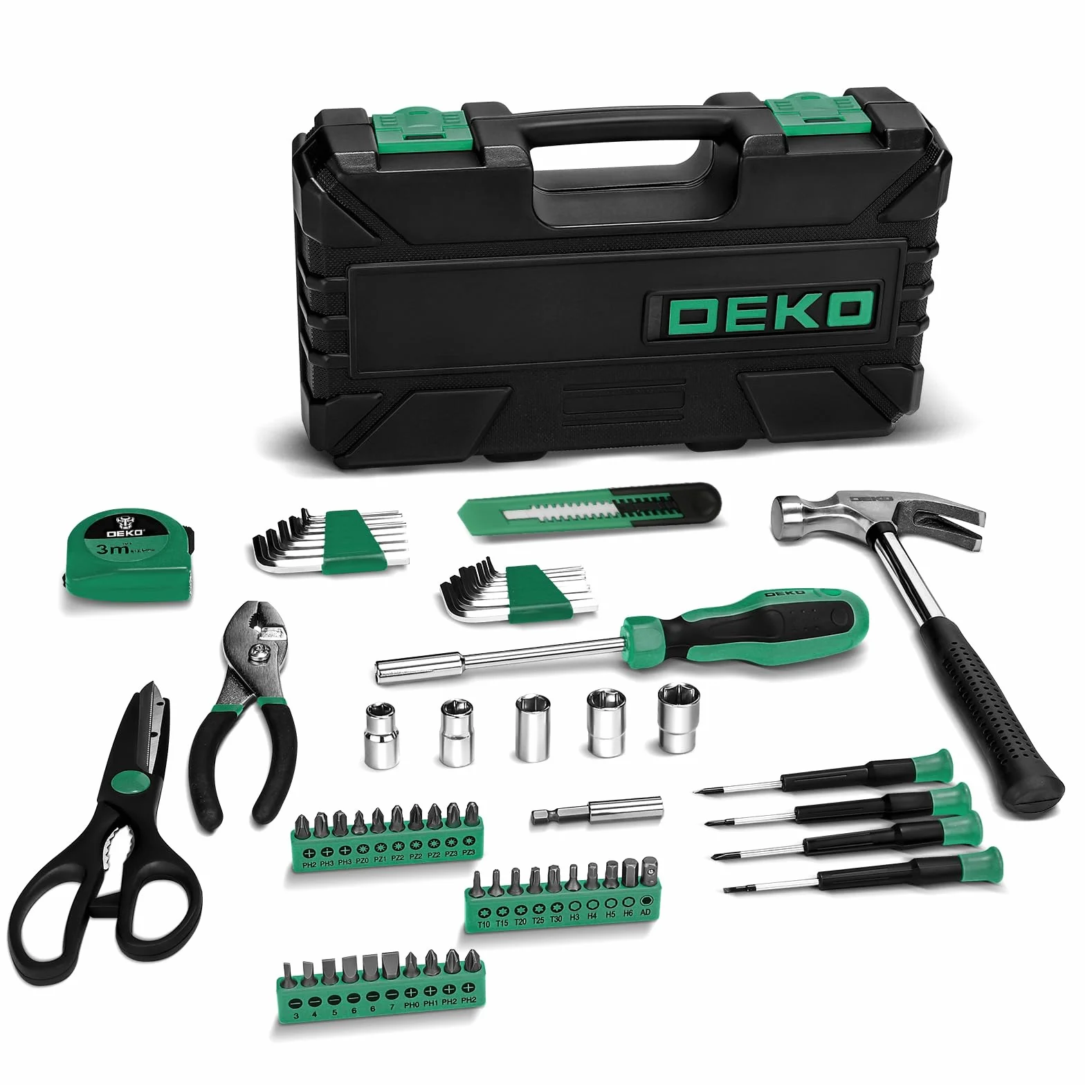 DEKOPRO TZ62 Set da 62 pezzi Utensili manuali per casa con custodia plastica Verde