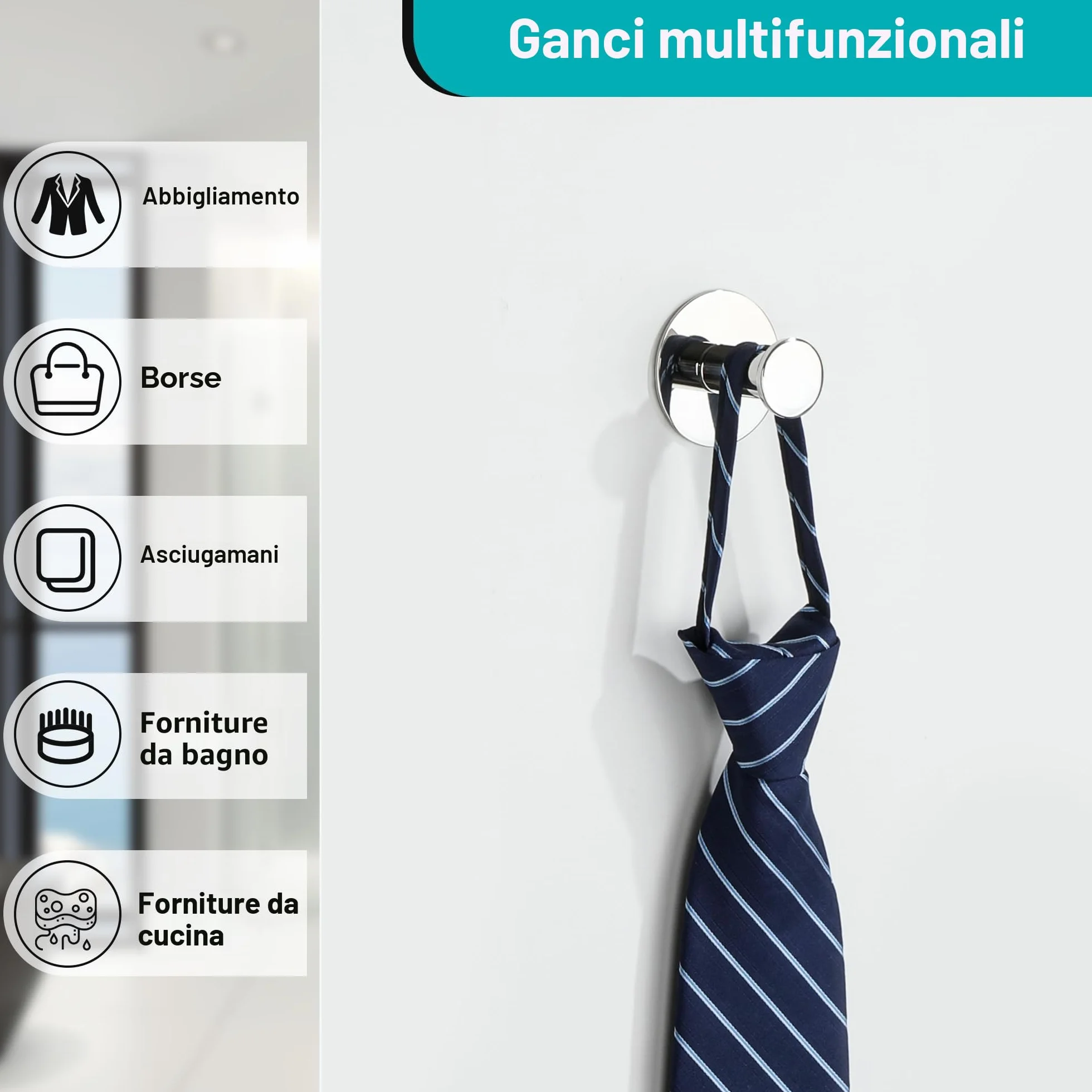 SAYAYO Ganci Adesivi Portasciugamani Acciaio Inox Cromo Lucido, Gancio Appendiabiti Autoadesivo Cucina Bagno, 2 Pezzi