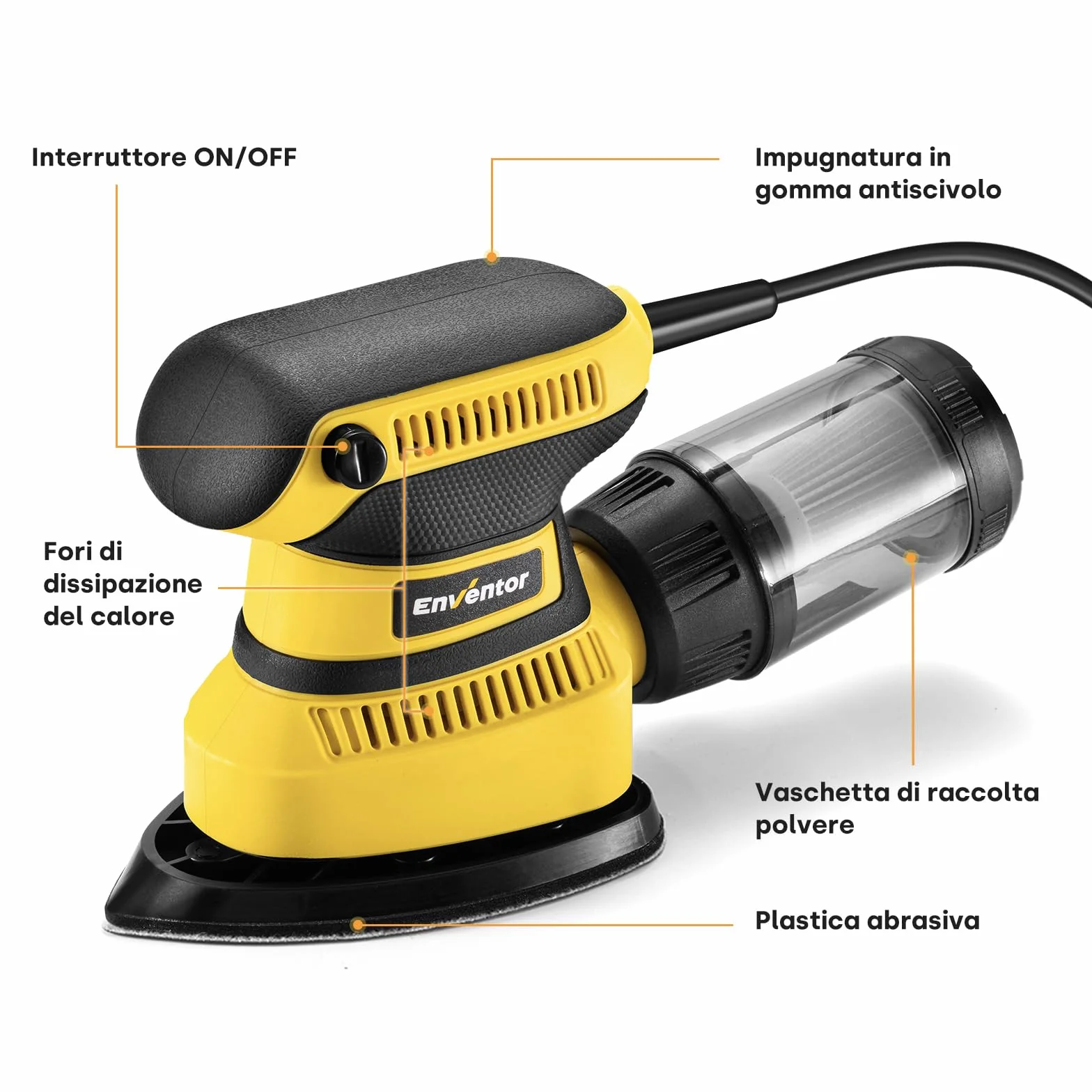 Enventor Levigatrice Mouse 210W 15000RPM Carta Vetrata 16PCS Contenitore Polvere Legno Metallo