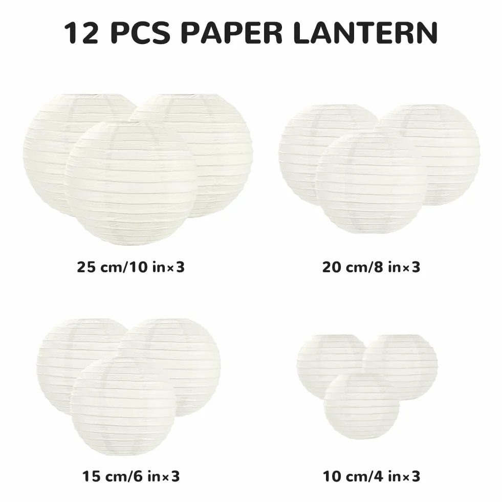 Lanterne di carta Bianco, 12 Lanterna di Carta Rotonde da Appendere, 10, 15, 20, 25 cm Lanterne Cinesi da Decorazione per decorazioni per la casa, feste, matrimoni, festival (Bianco)