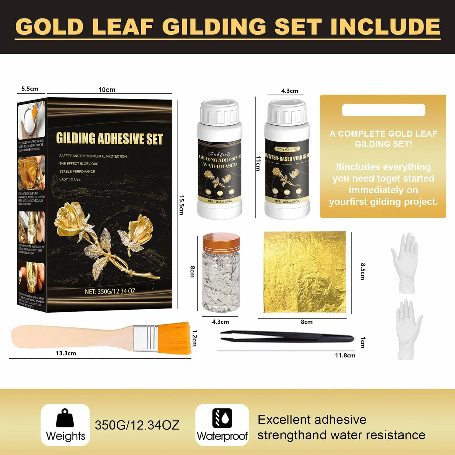 Adesivo per Foglia d'oro, Colla per Foglia d'oro,100 ml di Colla per lamiere a Base d'Acqua e 100 ml di Vernice, Foglia 100 Pezzi, per Lavori Manuali Pittura, Decorazione da Parete Gold Leaf