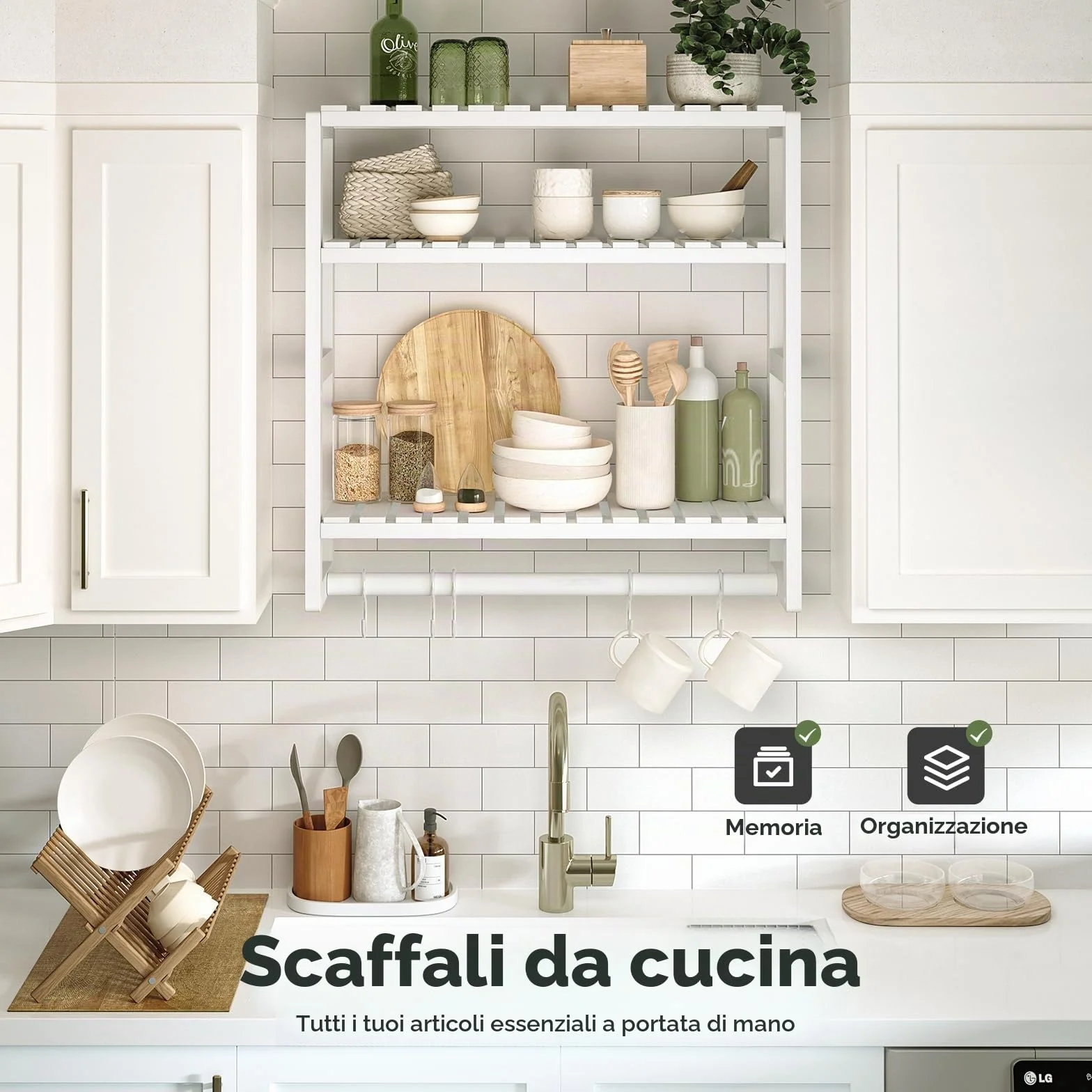 Bamworld Scaffale da Bagno a 3 Ripiani in Bambù, Organizzatore da Parete Moderno e Salvaspazio per Bagno, Cucina o Ufficio, Bianco