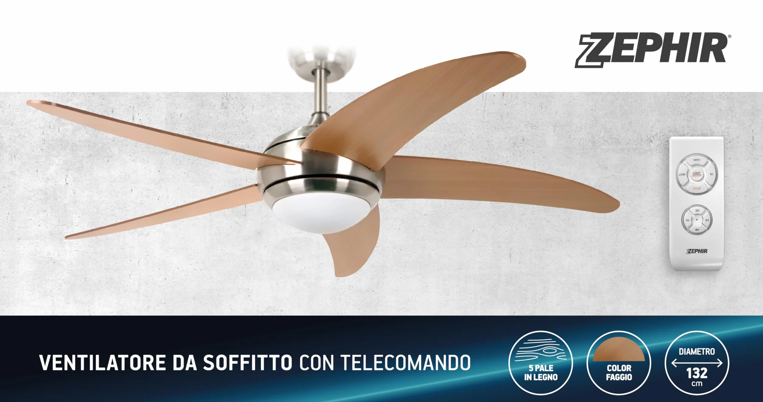 Zephir Ventilatore da Soffitto 5 Pale Legno con Luce 132 cm Ricondizionato