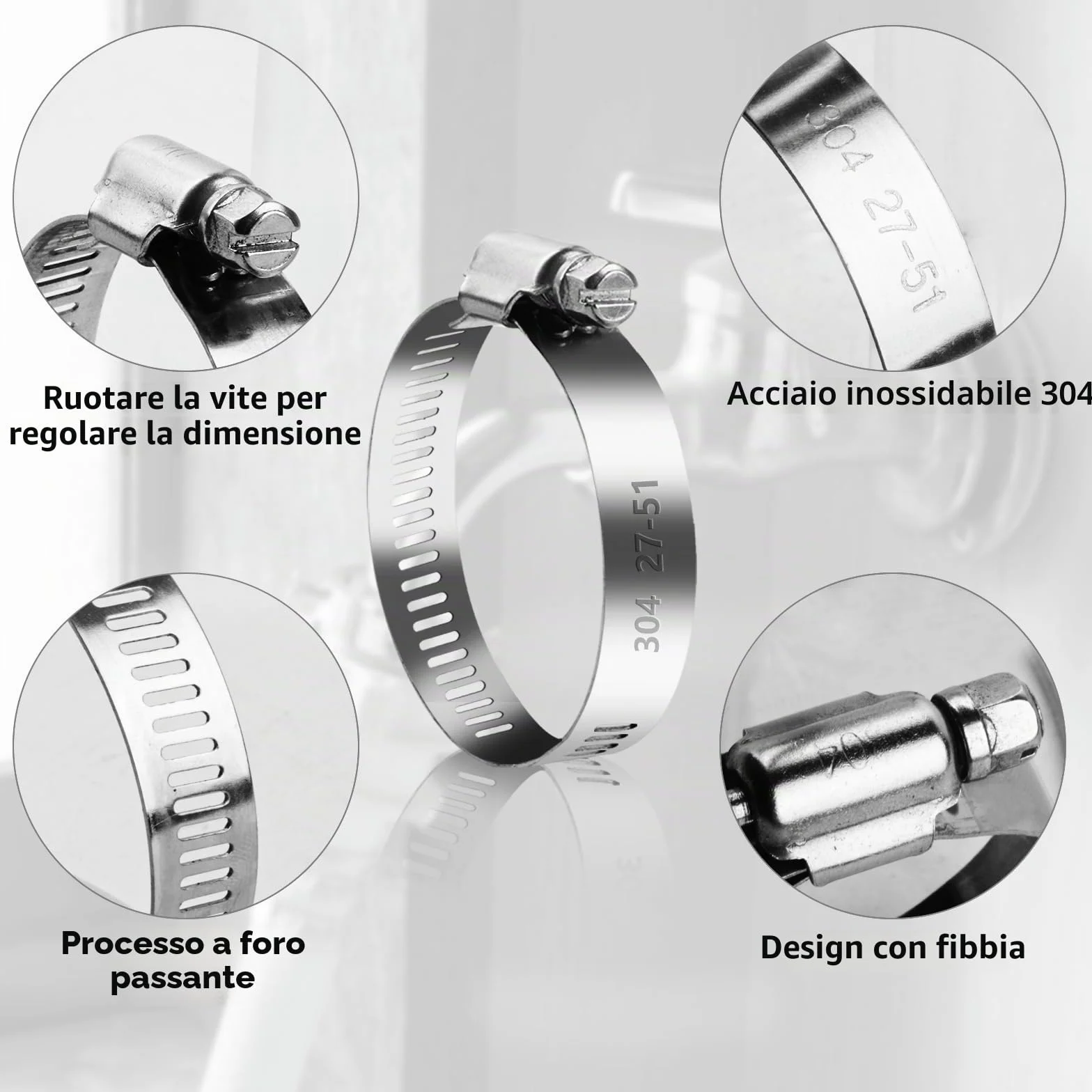 60 Pezzi Fascette Stringitubo Set, Fascetta Stringitubo Regolabile 6-51mm Metalliche, Fascette a Vite in Acciaio Inox, per Lavatrice, Tubi Piscina, Giardino, Tubi Gas, Acqua, Auto
