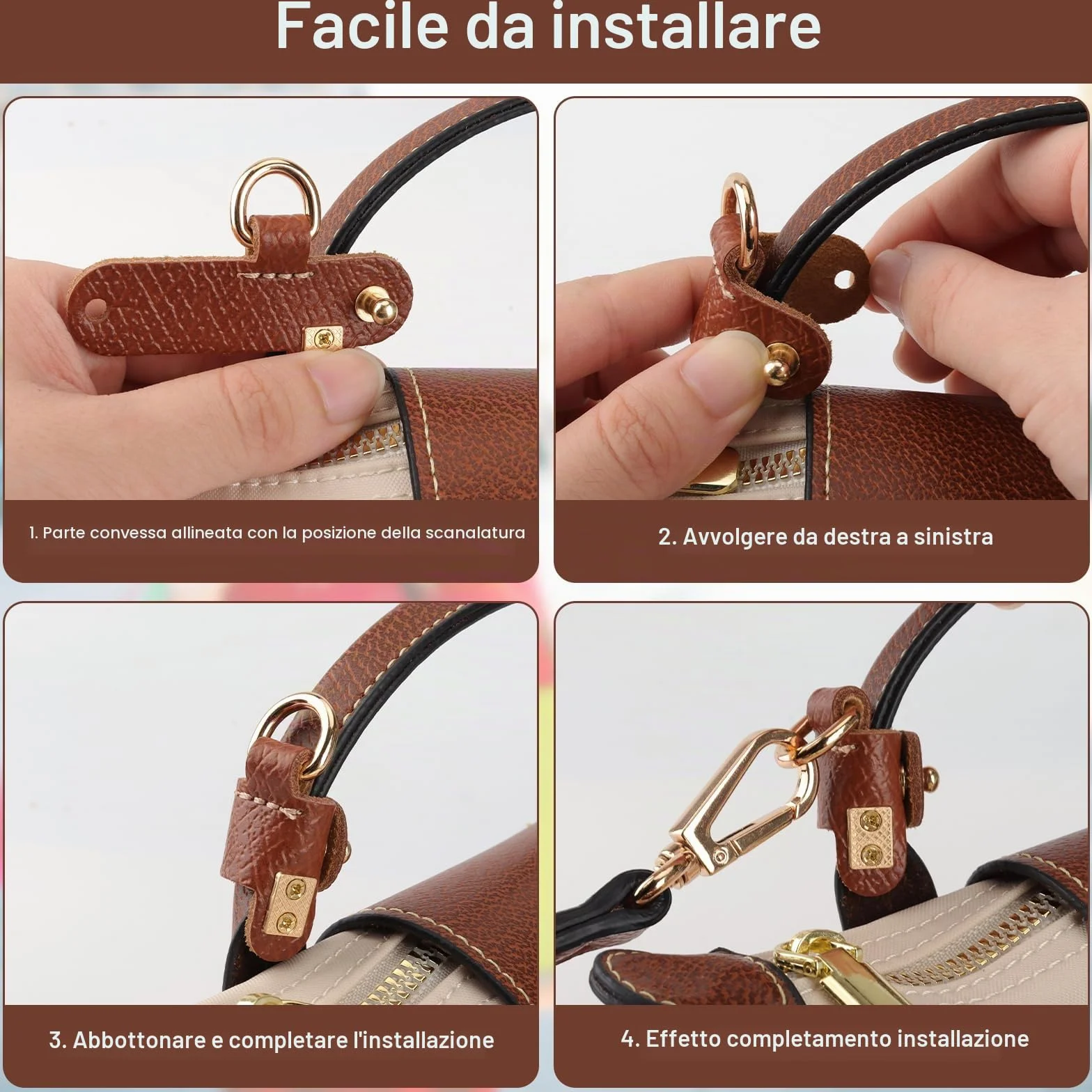 Tracolla per Longchamp Mini Borse, Donna Universale Regolabile di Tracolla per Borsa in Pelle Double Face PU - Marrone, Non Serve Punzonatura con 2 Adattatori per Ogni Occasione