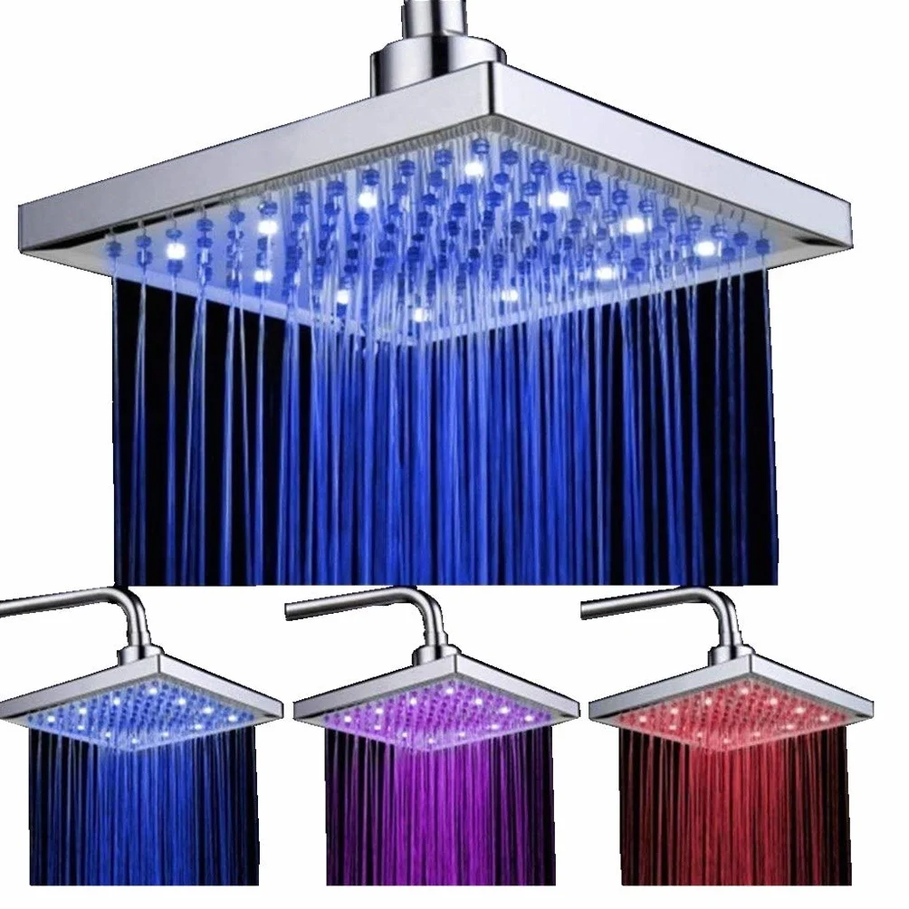 Soffione Doccia a Pioggia con 12pcs LED, 8 Pollici Docce Fisso Quadrato Controllo della Temperatura 20 x 20 CM, a Soffitto Cromato Finito, 3 colore cambiando flusso d'acqua alimentato