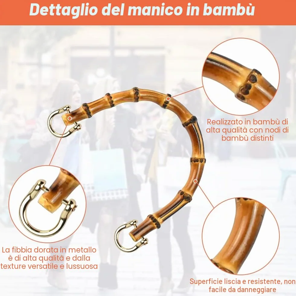 REFORUNG 4 Pz Manici in Bambù per Borse, Maniglie a Forma di U per Fai Da Te, Uncinetto Artigianale con 8 Pz Anelli in Metallo per Tote, Borsette