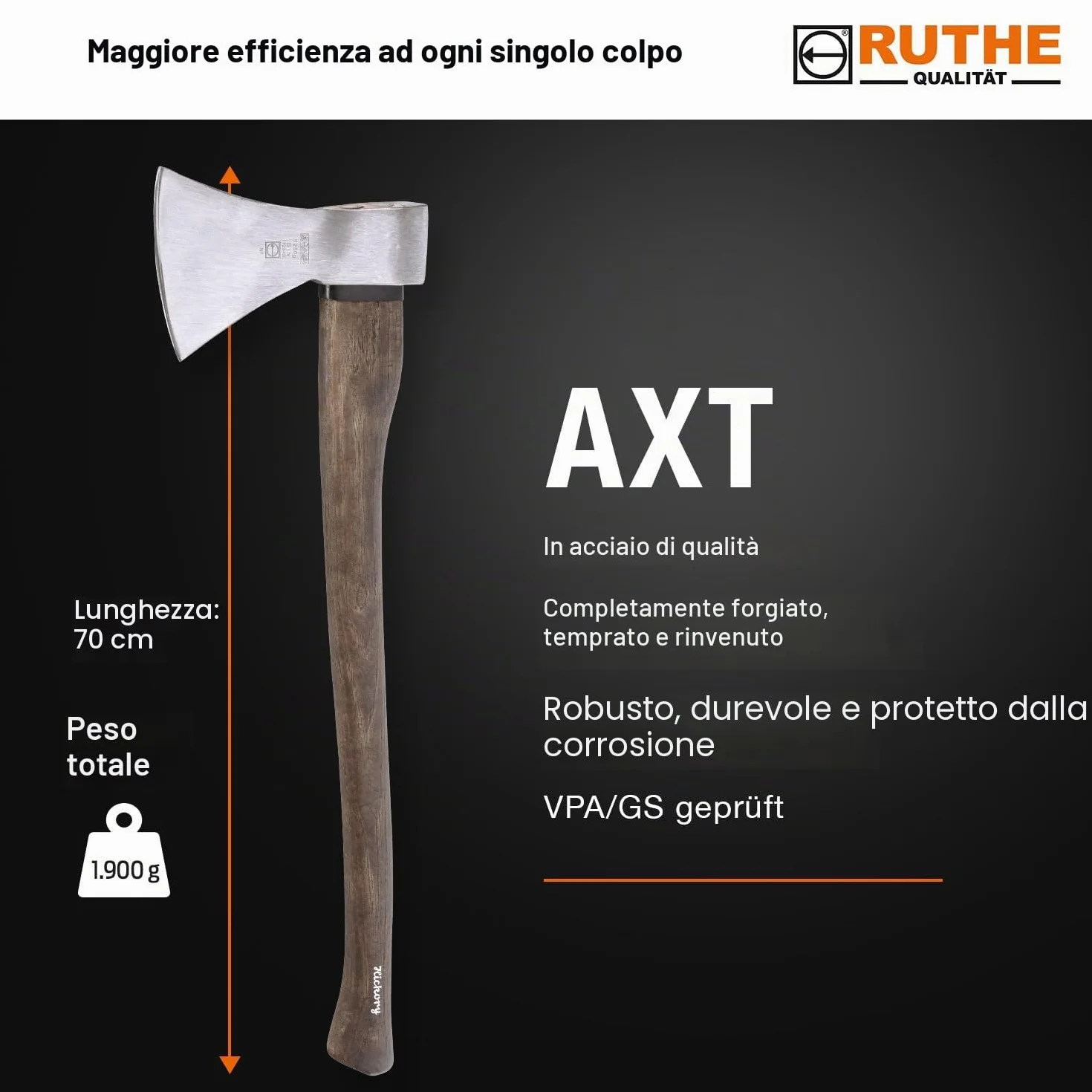 RUTHE Ascia spaccalegna 1.250g | Ascia da spacco in acciaio forgiato | Accetta professionale con manico in legno di hickory | Scure spaccalegna da 1.250 g