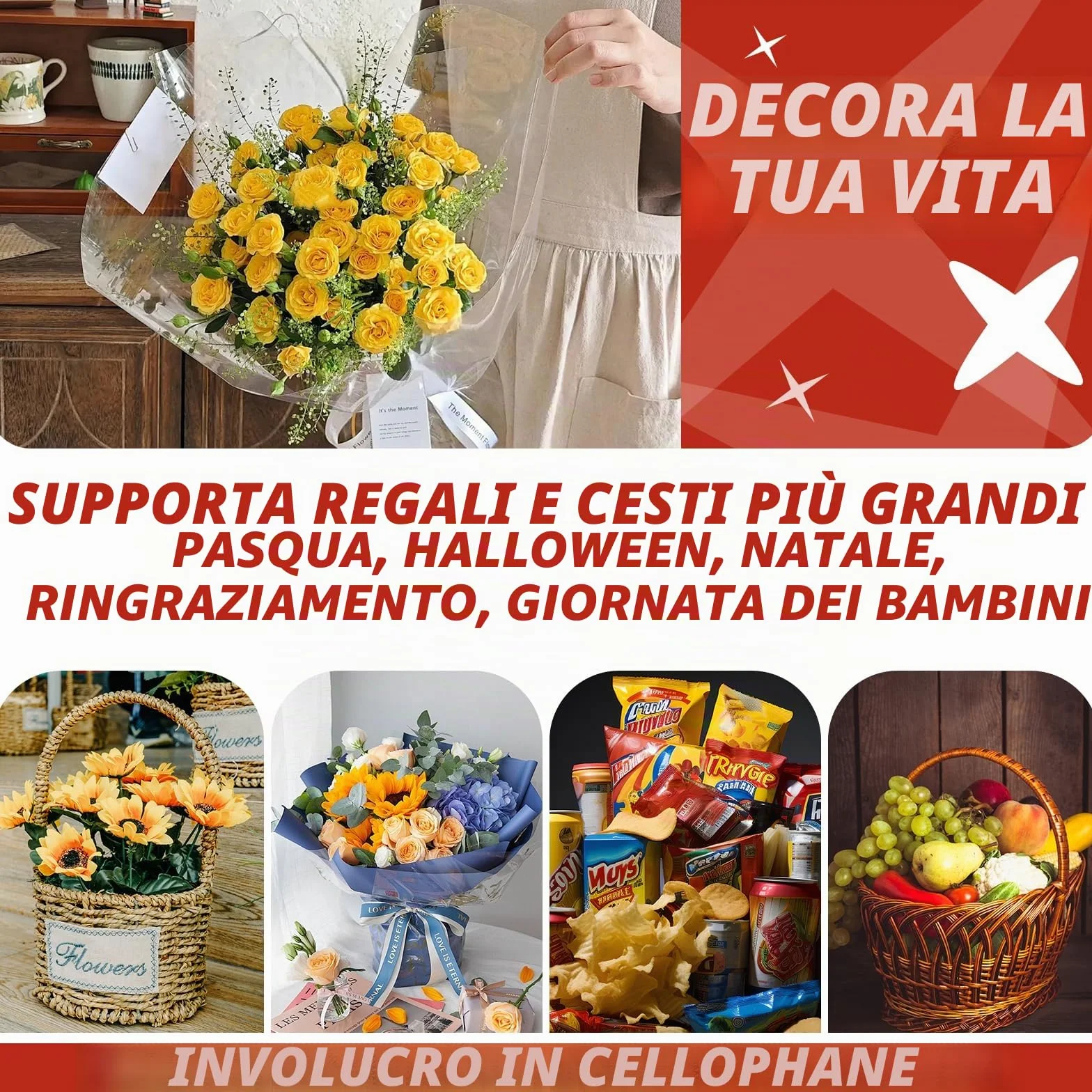 GXFCING Set di Sacchetti Grandi in Cellophane per Cesti Regalo, Inclusi 6 Sacchetti di Plastica da 100 x 70 cm e 6 Fiocchi e Lacci, Sacchetti di Carta Trasparenti per Cesti e Bouquet