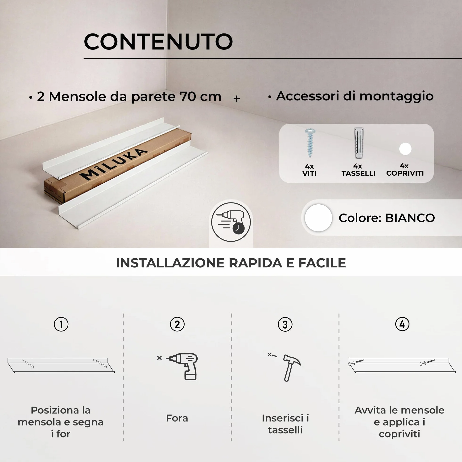 MILUKA Mensola da Muro Sospesa | Mensole da Parete Stretta in Metallo per Quadri, Cornici, libri e Spezie | Ripiano salvaspazio cucina, bagno, ufficio (2, Bianco, 70 x 10 cm)