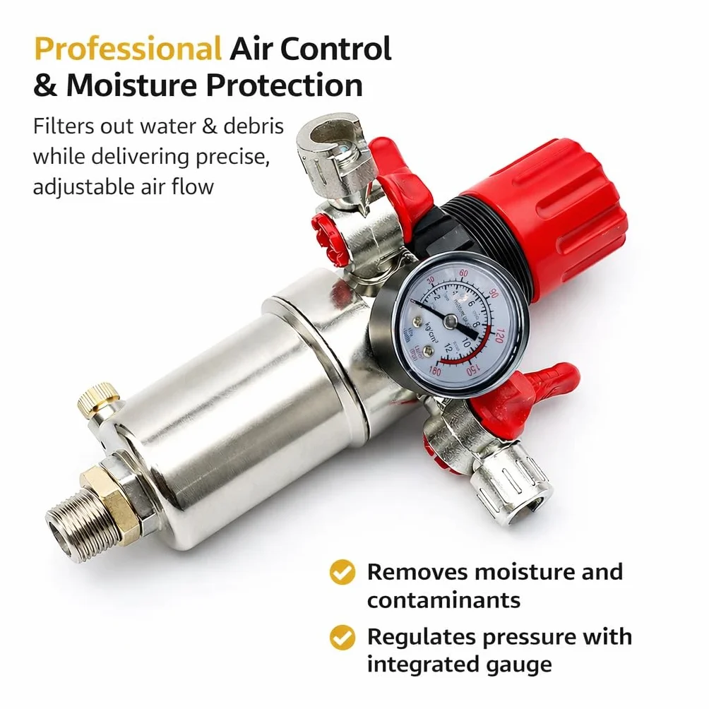 ORAZIO Regolatore Filtro Aria 3/8", Trappola Separatore d'Acqua per Compressore d'Aria con Valvola di Riduzione della Pressione e Manometro, Accessorio per Utensili Pneumatici 214107