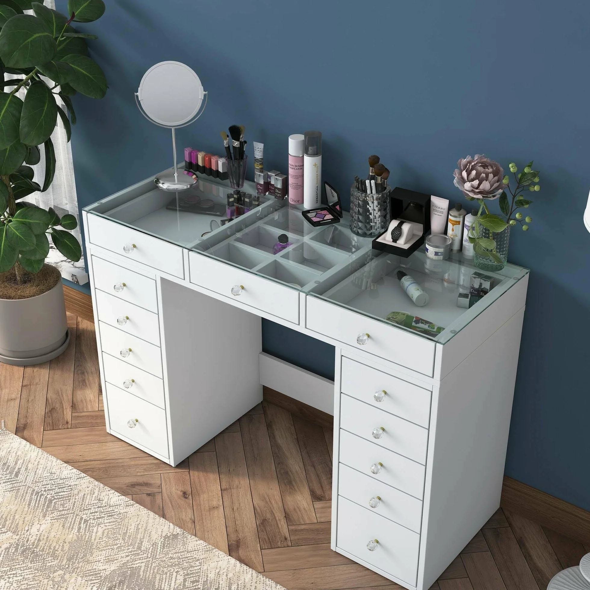 Dmora Cassettiera Boldone 44.5x120x79.8h cm Bianco 13 Cassetti Apertura Scorrevole, Chiusura Scorrevole