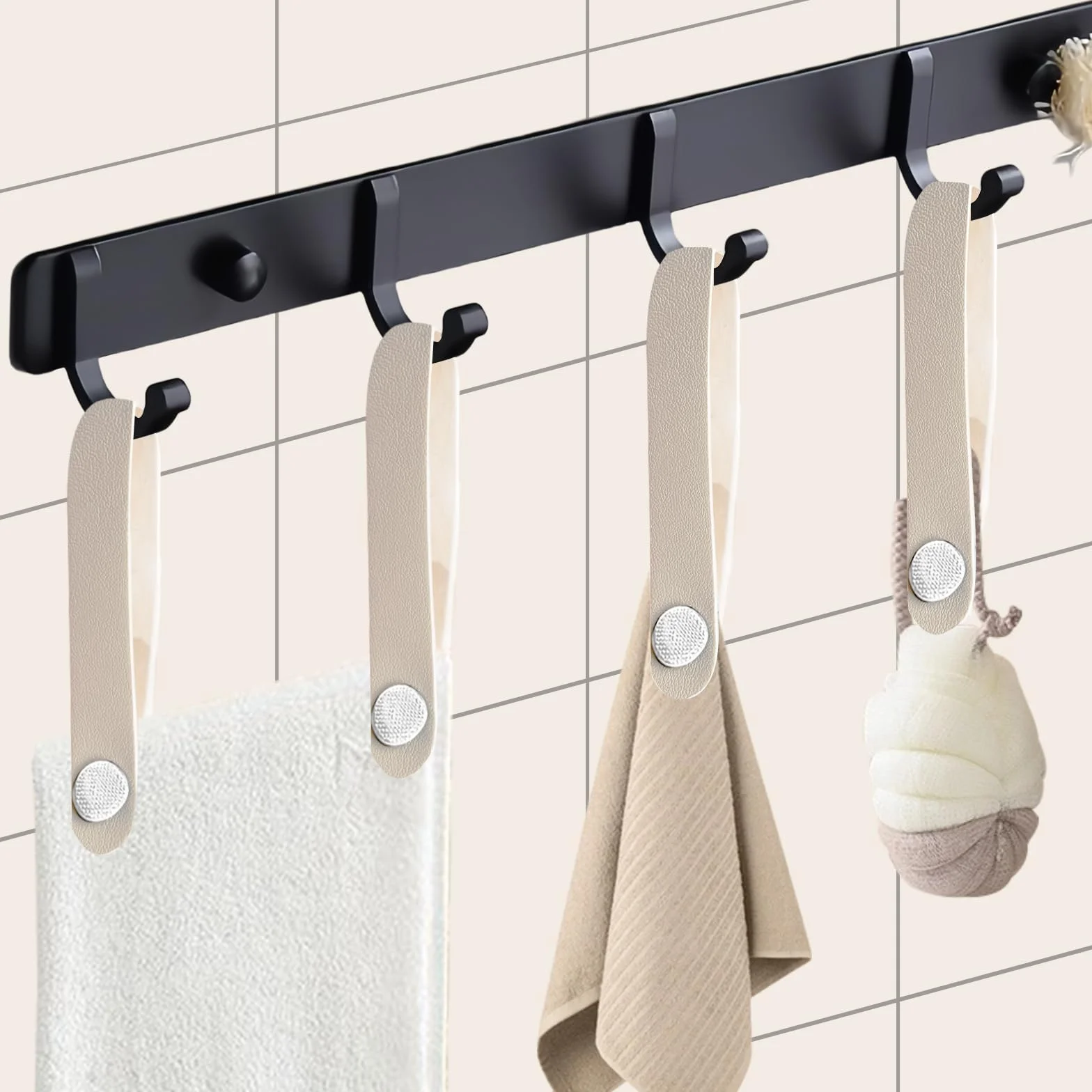 Ganci per Tessuti Senza Cuciture 8 Pezzi 15x1.2cm Pelle PU Chiusura a Bottone Ganci Asciugamani Beige
