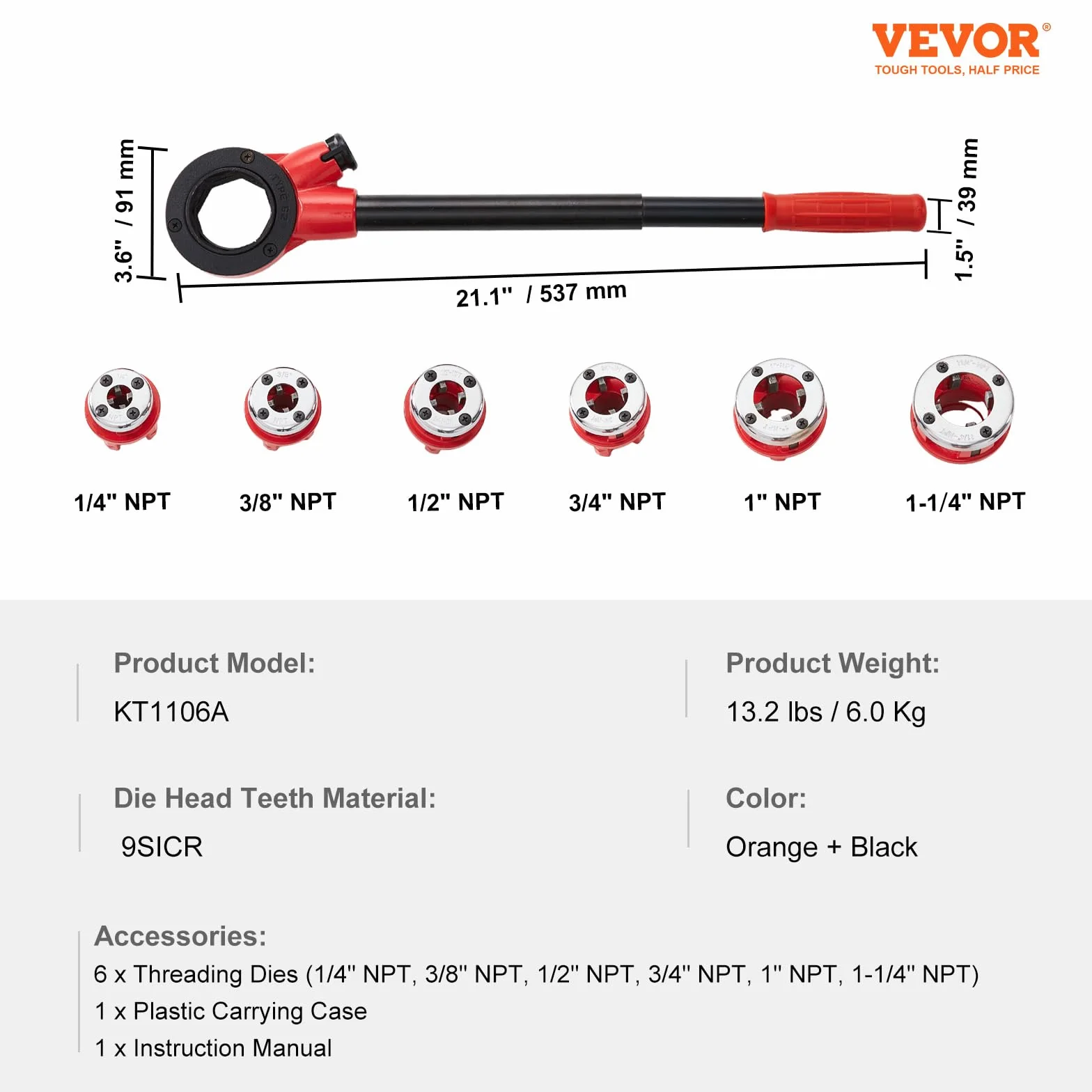 VEVOR Kit di Filettatura dei Tubi con Cricchetto Set di 6 Matrici 1/4" NPT-1-1/4" NPT Teste Idrauliche Manuali Portatili in Valigetta per Tubi, Kit di Strumenti per Filettare Tubi a Cricchetto Manuale