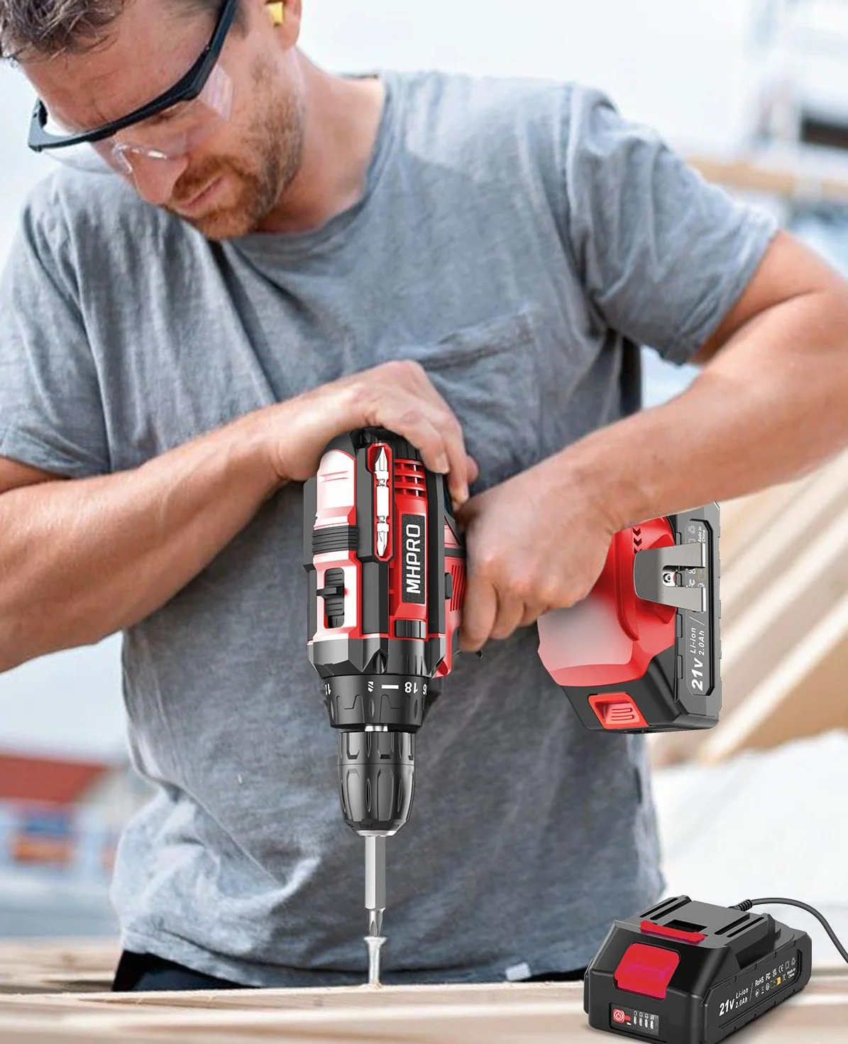 MHPRO Trapano Avvitatore Batteria 21V, Avvitatore a Batteria con Batterie 2.0Ah, 42Nm Avvitatore Elettrico, 18+1 Coppie, 2 Velocità, 22CS Accessori, LED Luce per Casa Progetto