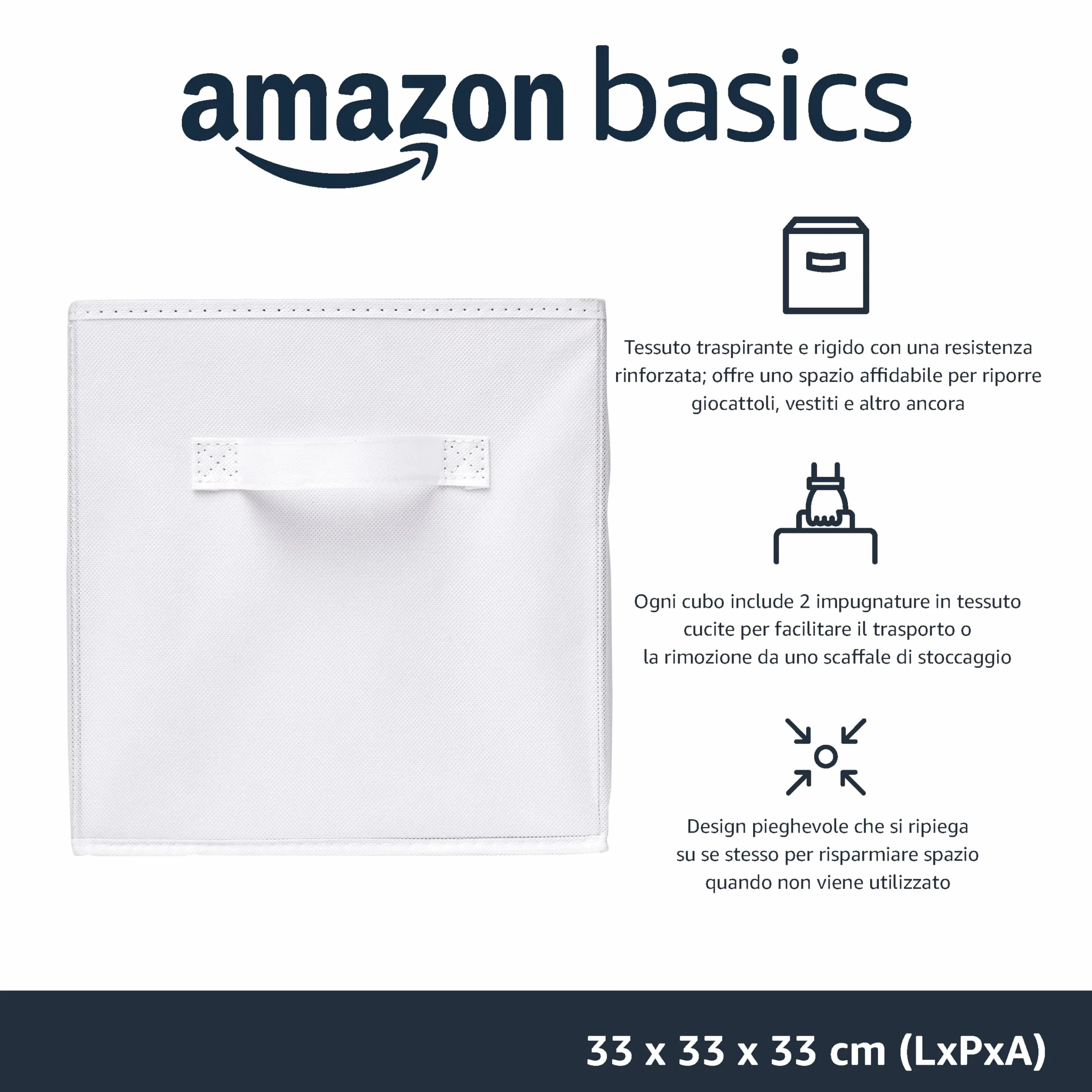 Amazon Basics Confezione da 6 cubi portaoggetti pieghevoli in tessuto, 33x33x33 cm, Bianco