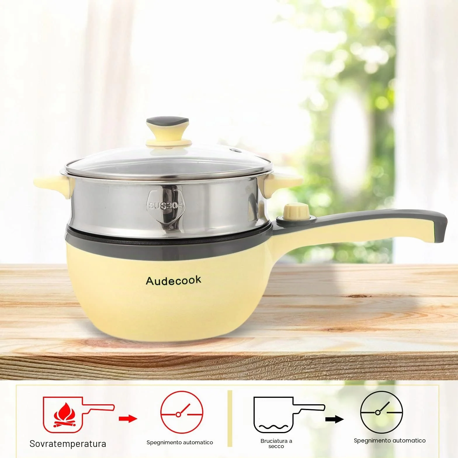Audecook Padella Elettrica con Vaporiera, Mini Hot Pot 20 cm, Pentole Elettriche Multifunzione Antiaderente, Portatile Fornello Elettrico da Viaggio, Dormitorio, Casa - Giallo