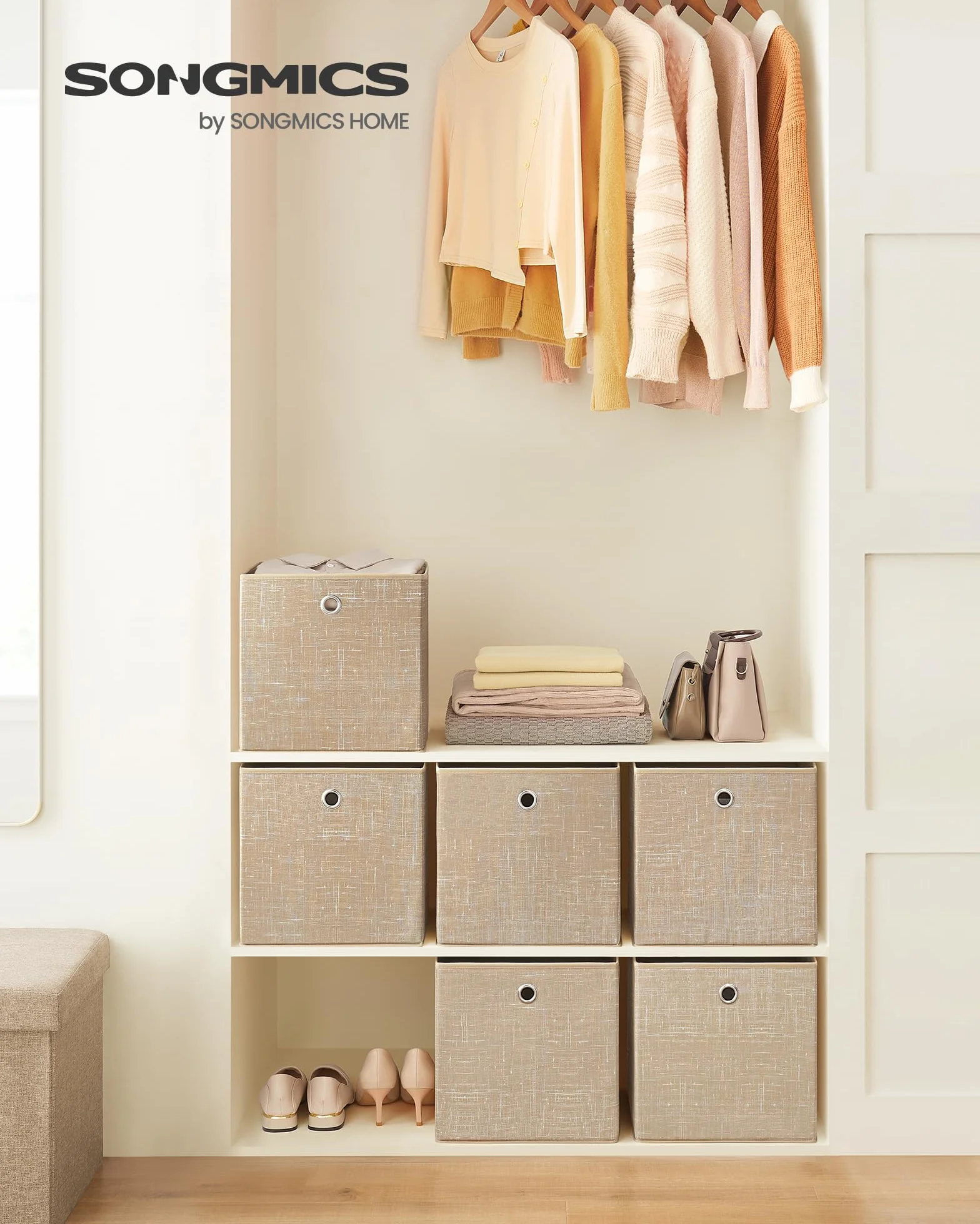 SONGMICS Scatole Portaoggetti Set di 6 Contenitori in Tessuto Non Tessuto 30x30x30 cm Pieghevoli Beige Sabbia