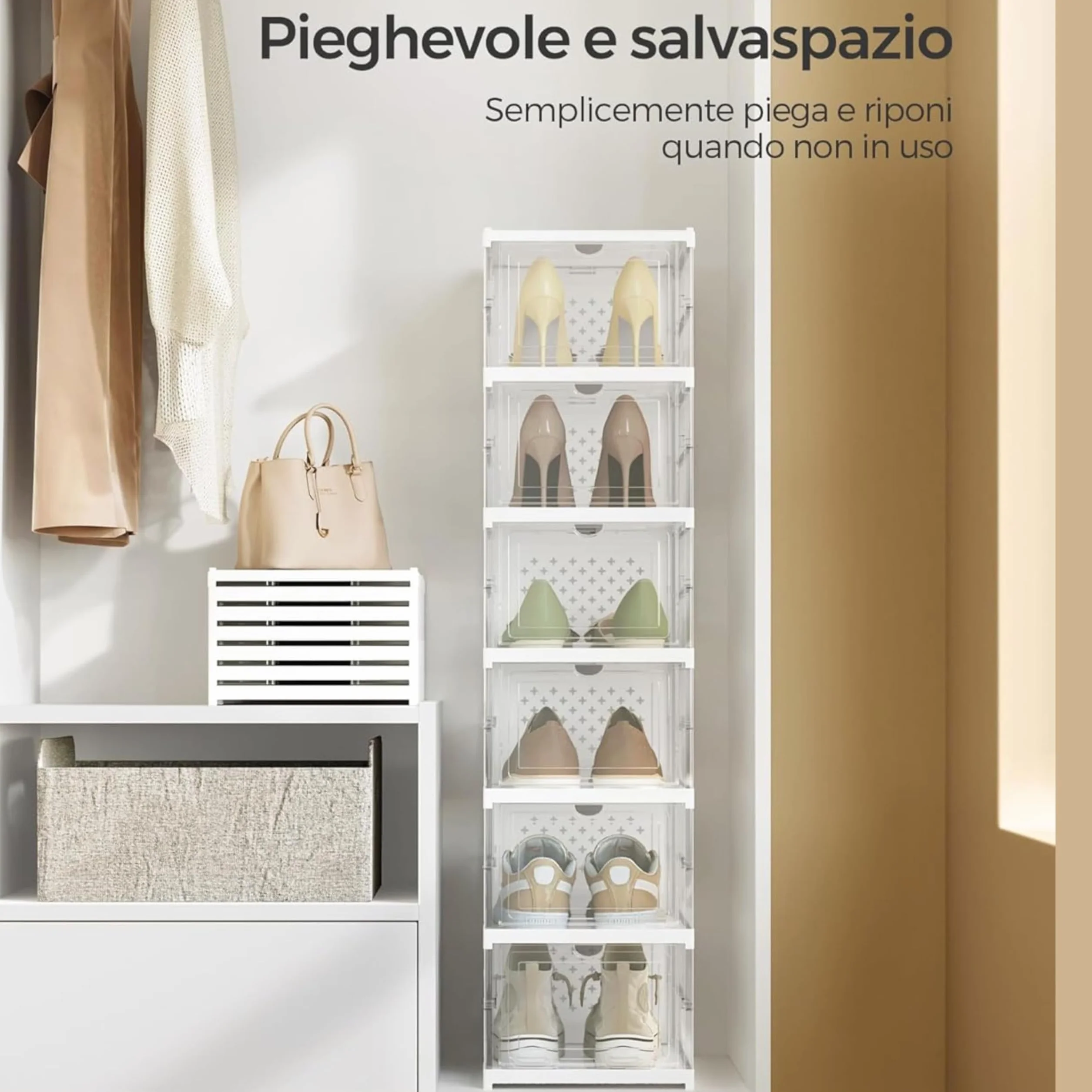 YASTA Scarpiera Armadio Salvaspazio in Plastica Pieghevole 6 Ripiani Porta Scarpe Antipolvere 35,5x25,5x105 cm