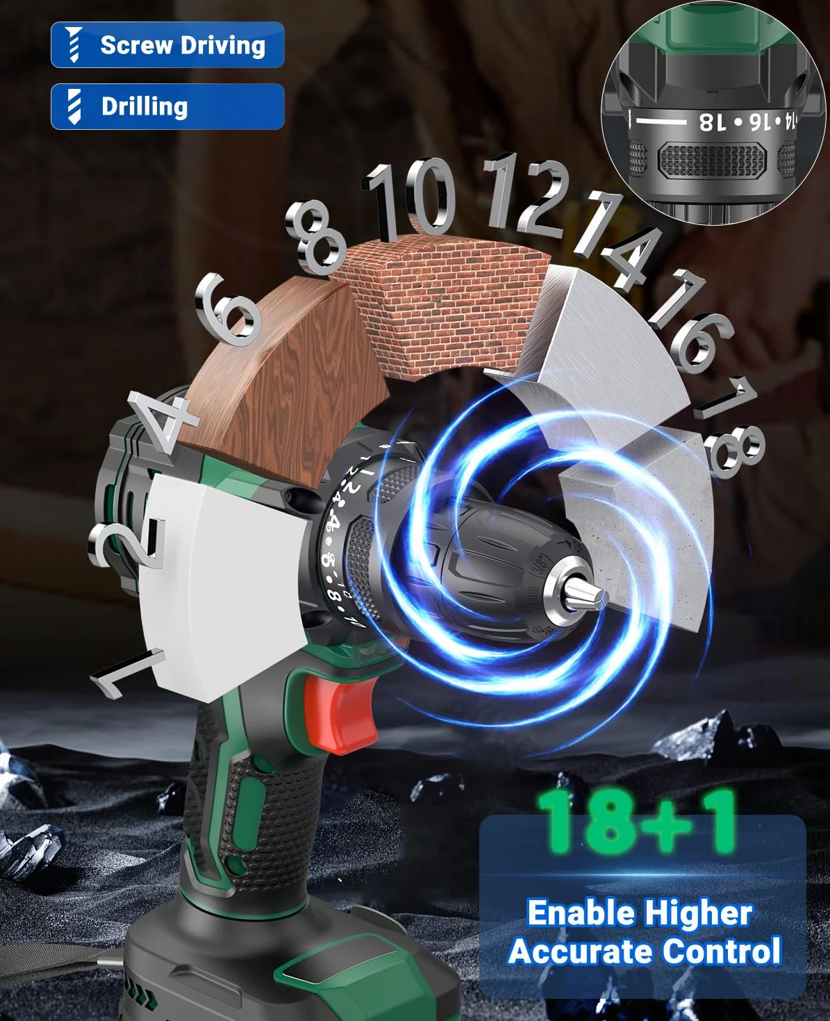 Trapano Avvitatore Batteria Brushless 21V, CEEIGOO Avvitatore a Batteria con 2 Batterie da 2.0Ah, 42N.m di Coppia, 2 Velocità, 18+1 Coppia, 14 Accessori, Luce a LED, Per il fai da te
