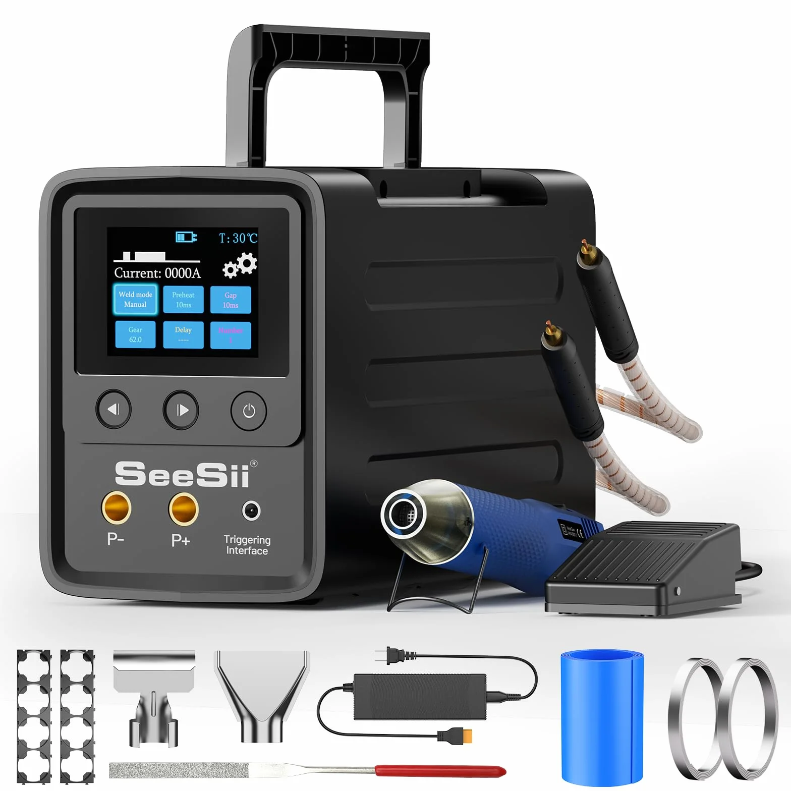 SEESII Saldatrice a punti per batterie con condensatori: saldatrice a batteria 10080W con kit di pistole ad aria calda, saldatrice a punti per strisce nichelate da 0,1-0,5 mm, cambio 999 per batterie
