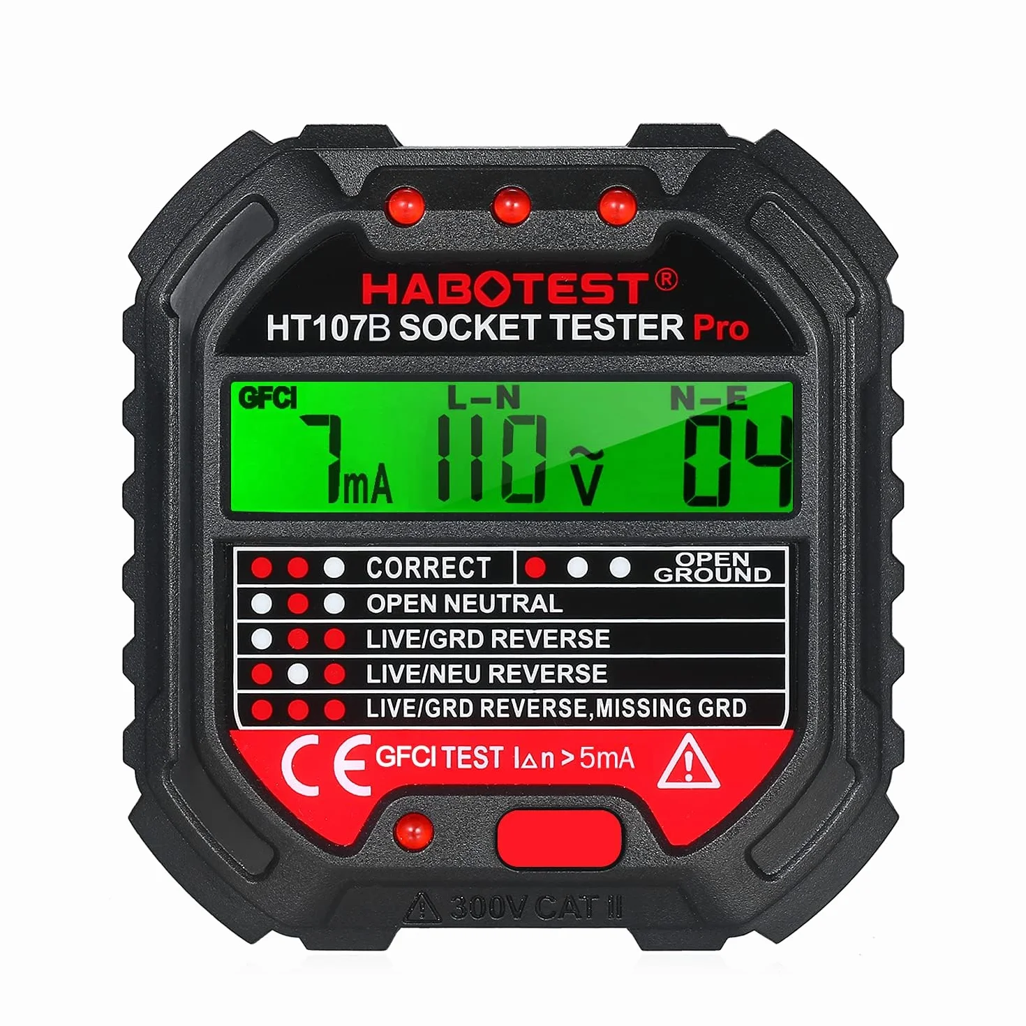 Tester per Circuiti Elettrici con Test RCD e Display LCD,6 Tipi di Diagnosi di Errore,Tester Prese Elettriche,Rilevatore di Tensione,Tester de Prese,Rilevatore Cavi Elettrici,CAT II 300V