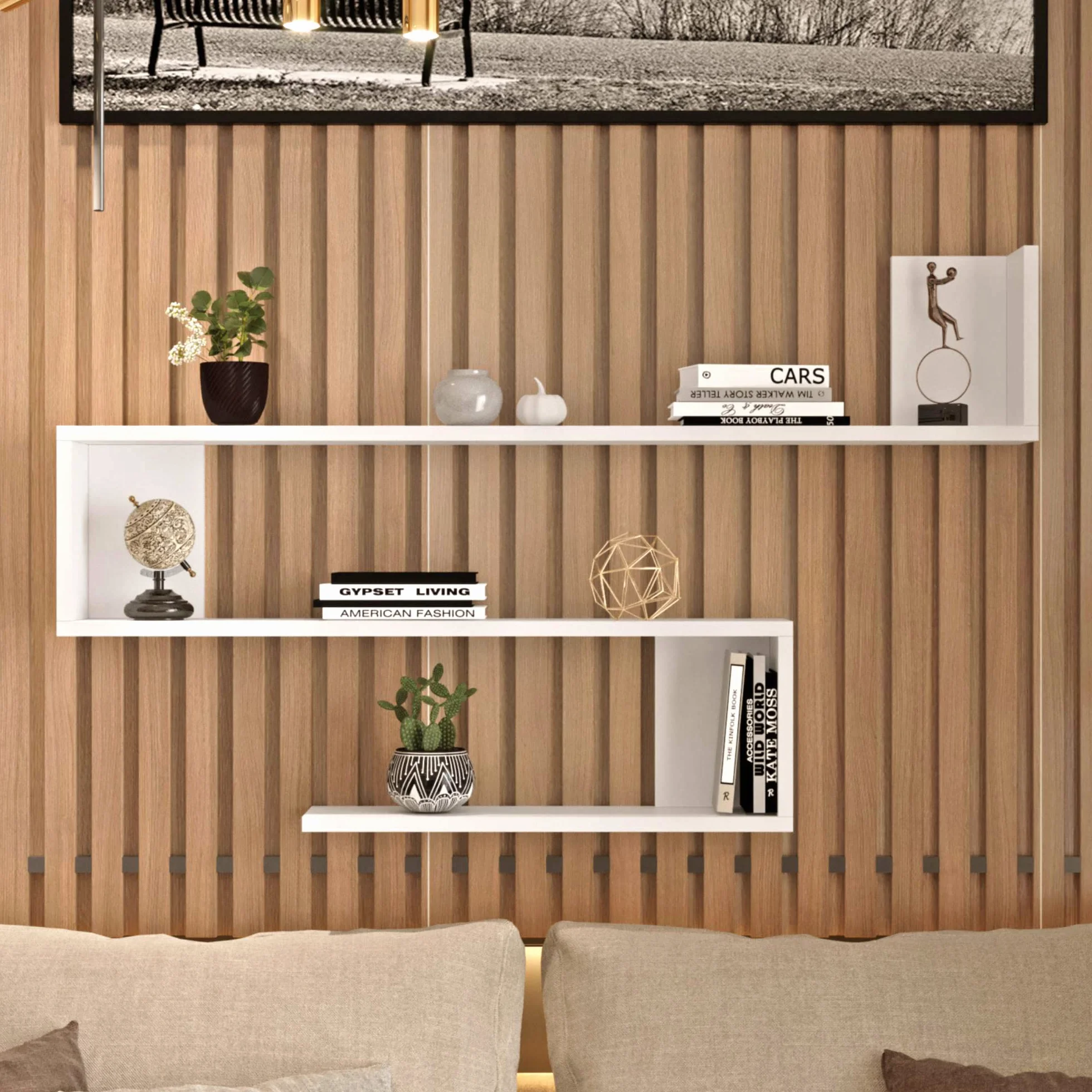 [en.casa] Mensola da Parete a S con 3 Ripiani Scaffale a Muro Libreria Pensile Consolle da Parete 72 x 120 x 15 cm Bianco