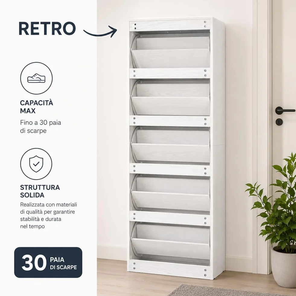 BAKAJI Scarpiera 5 Ripiani Salvaspazio con Maniglia, Portascarpe con Struttura in Legno e Ante a Ribalta con Doppio Fondo, Capacità Fino a 30 Paia di Scarpe, 63 x 24 x 170 cm (Bianco)
