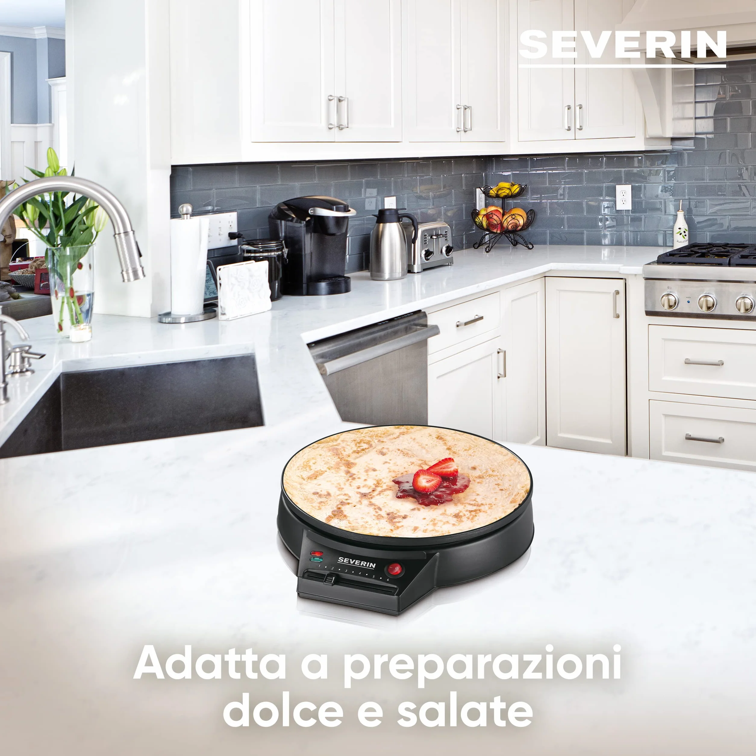 SEVERIN Crepiera Elettrica, 30 cm, 1000W, Piastra Antiaderente, Temperatura Regolabile, Spatola e Giracrepes in Legno Inclusi, Spia Luminosa, 30,5 x 34,5 x 8,0 cm, Nero - CM 2198