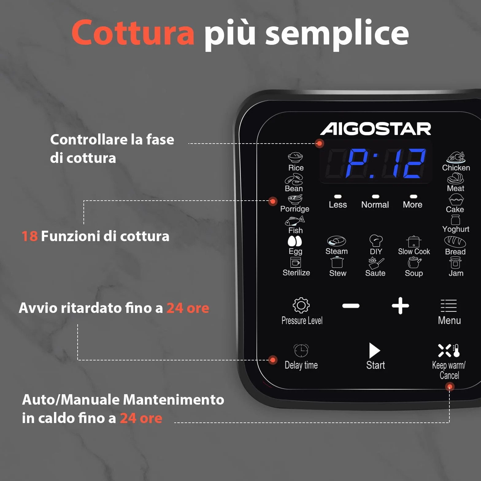 Aigostar Pentola a Pressione Elettrica 6L 1000W, 18 Programmi Automatici, 3 Livelli di Pressione Regolabili, 24H Timer, Funzione Mantieni Caldo, Display LED, Interno Antiaderente, Sliver