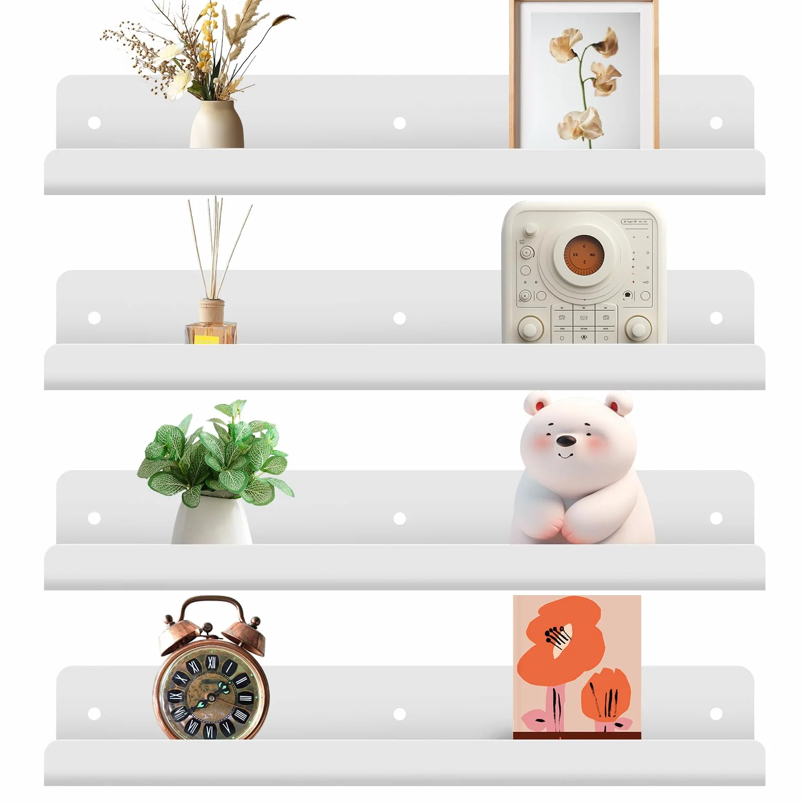 Gucass 4 Pezzi Acrilico Mensole da Muro Senza Foratura, Bianco Mensole da Parete 30cm, Mensola Adesiva Floating Shelves, per Cameretta, Bagno, Cucina, Salotto, Camera, Studio