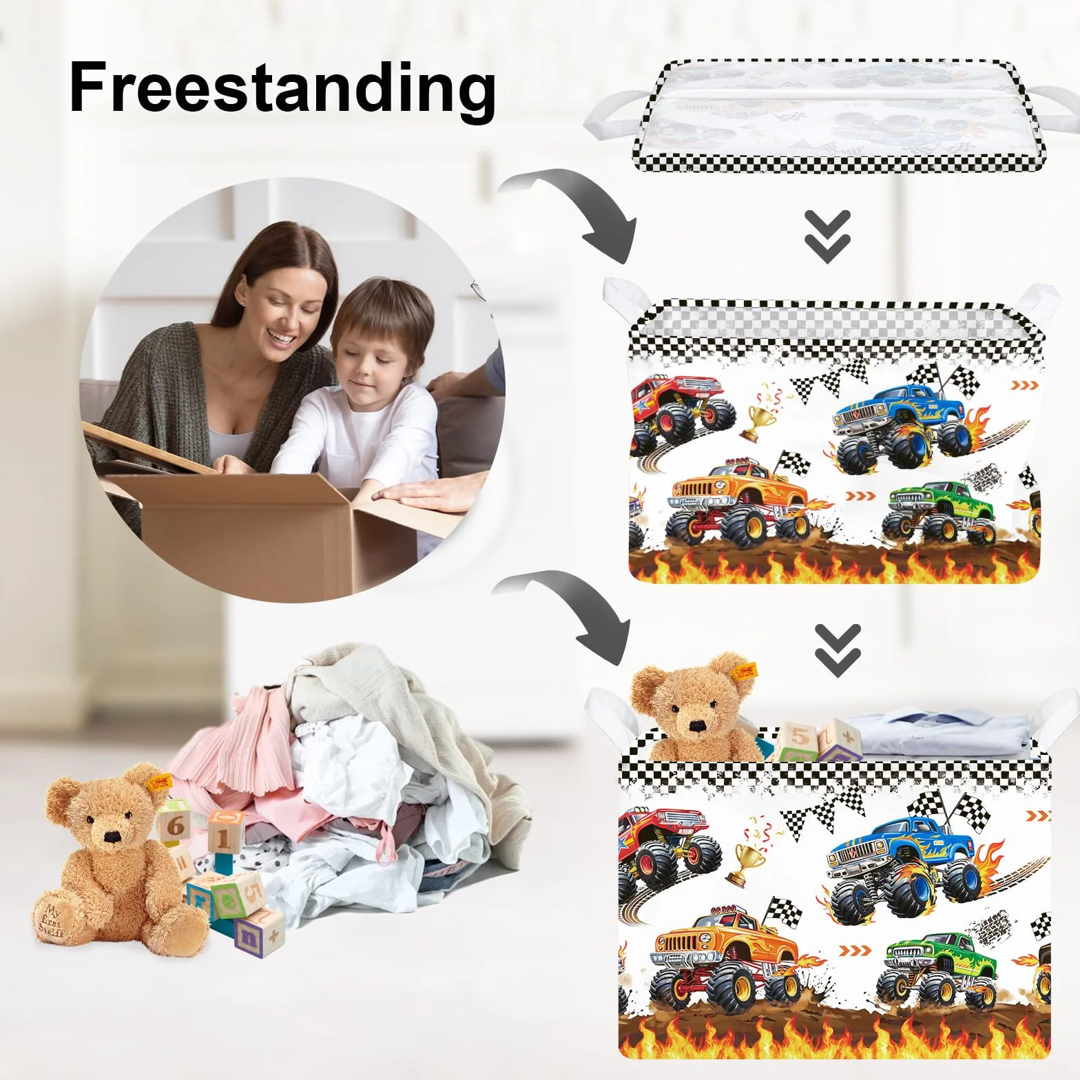 Clastyle Cesto Portabiancheria Auto Corsa Cestino Portaoggetti Impermeabile Cesta Biancheria Genitori per Organizzare Giocattoli Vestiti, Camion, 40x30x30 cm