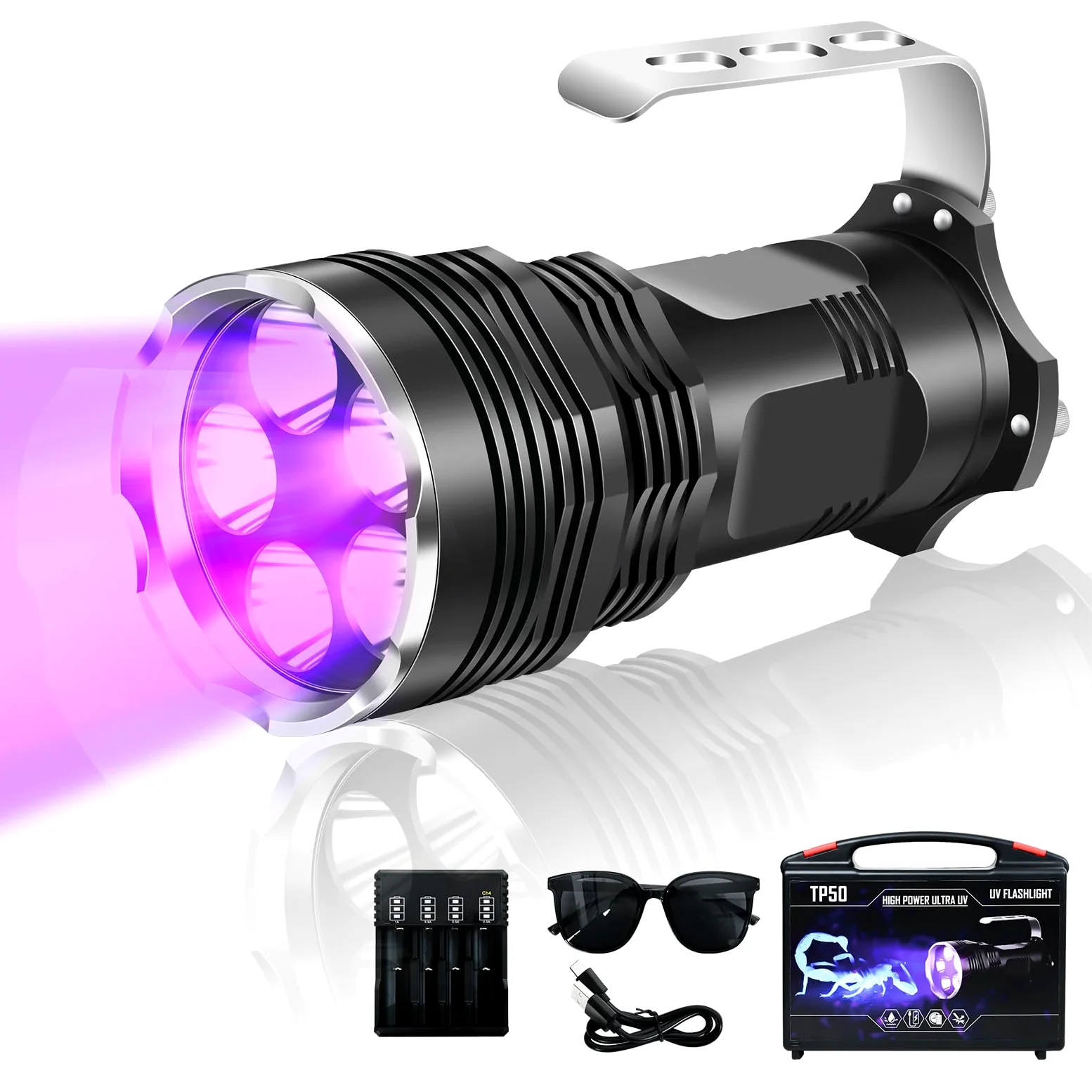 UltraFire Torcia UV 395nm, Luce Ultravioletta ad Alta Potenza da 50W, Lampada UV Portatile a Lungo Raggio per Ricerca di Ambra, Rocce, Caccia agli Scorpioni, Indurimento Resina, Rilevamento Perdite