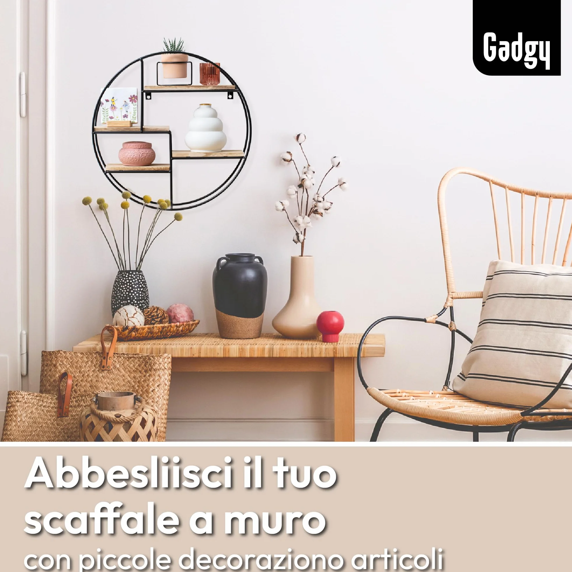 Gadgy Mensola Rotonda da Parete con 4 Ripiani - Mensola Galleggiante in Legno e Metallo Stile Industriale, Già Assemblata e Pronta da Appendere - 42 x 10 cm