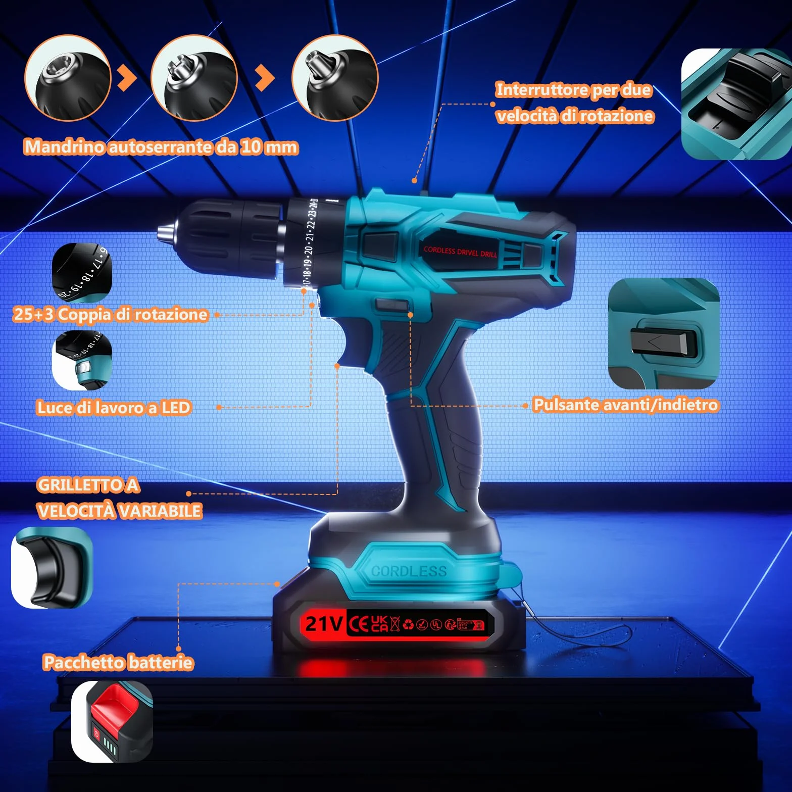 Trapano Avvitatore Batteria 21V, con 2×2000mAh Batterie, coppia 45 Nm max, 25 + 3 livelli di coppia (2 marce e LED) per casa e giardino fai da te (Blu)