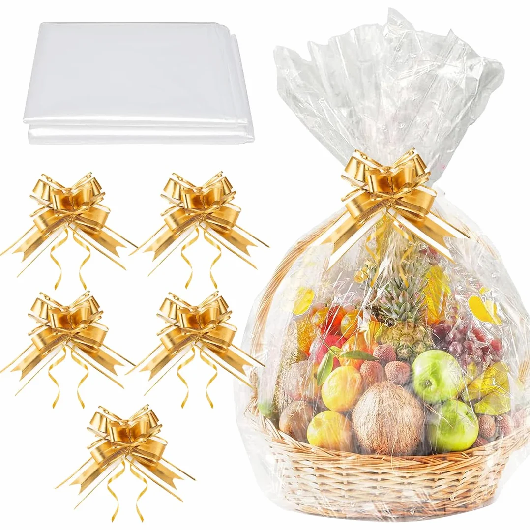 Set di Sacchetti Grandi in Cellophane per Cesti Regalo, 5 Pezzi, Inclusi 5 Fiocchi e Lacci, Trasparenti per Confezioni e Bouquet Natalizi, Cellophane Trasparenti per Regali (50 x 70 cm)