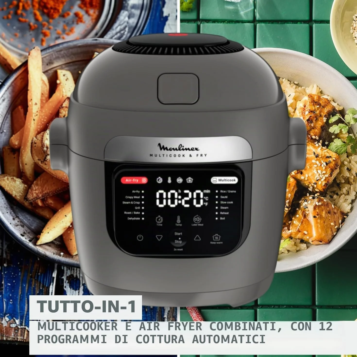 Moulinex Multicook & Fry MZ730BF0 Multicooker e friggitrice ad aria integrata, con 12 programmi, cottura su 2 piani, funzione di programmazione, capacità da 6 l, grigio (gris hippo)