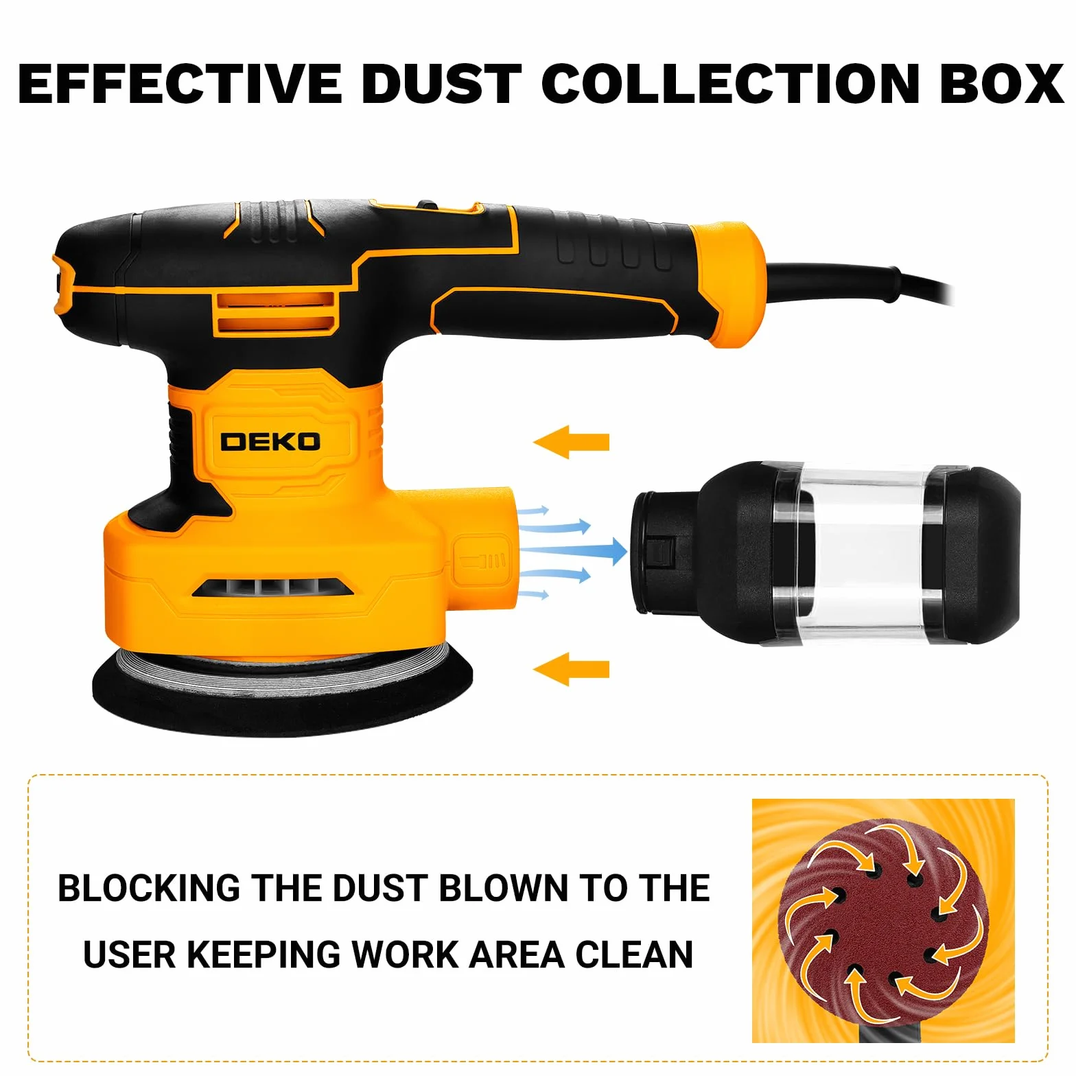 DEKOPRO Levigatrice Orbitale 3-IN-1 300W 13000RPM 6 velocità con accessori
